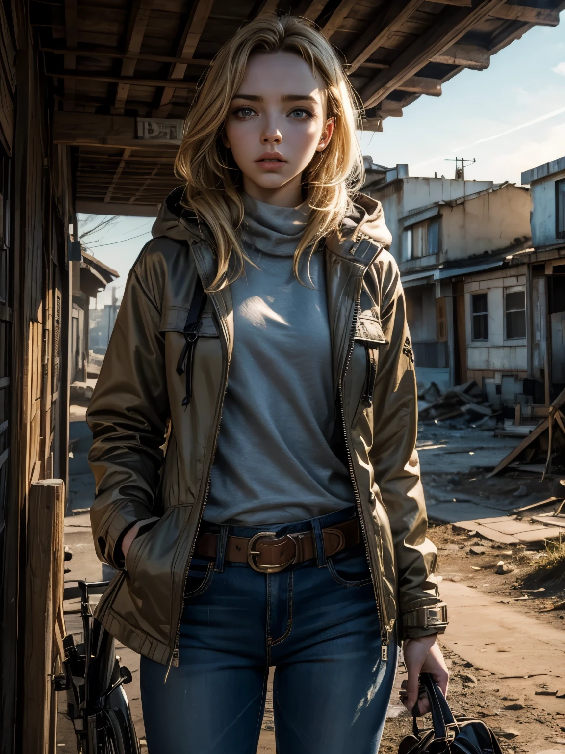 Photorealistic, dramatic lighting, close-up of Jodie Comer, scruffy softshell jacket, baggy hoodie, keffiyeh, jeans, equipment belt with knife sheath, pale blue eyes, messy blonde hair, frightened expression, derelict town at sunrise