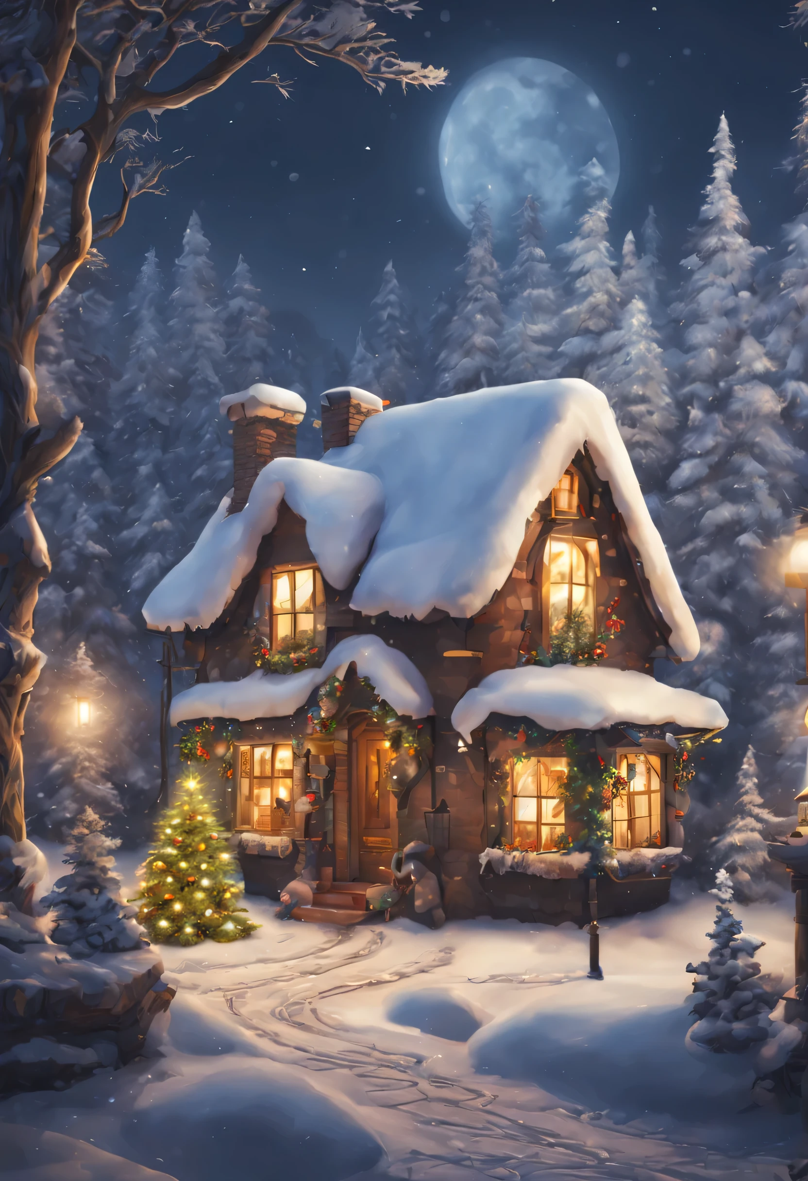 an intricately detailed image of a winter New Year landscape, a small cottage with a happy family, and a New Year's tree with decoration, moonwalk, detailed, hyper-realistic, lighting, 16K