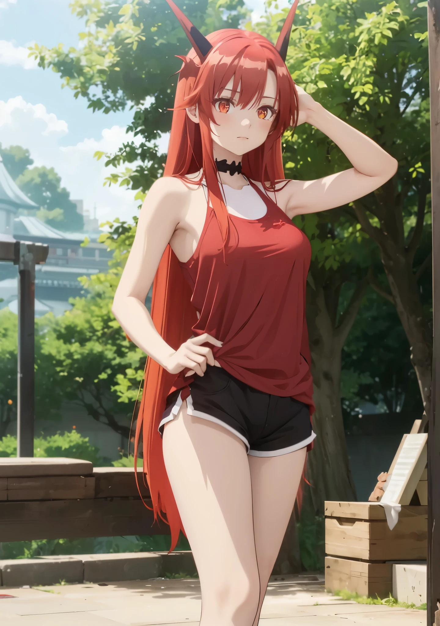 1 girl, long hair, red hair, 2 red horns, red orange eyes, large breast, white sport tank top, mini short pants, she wet, nipple perked out from under shirt, clothes sticking to her body, outdoor, public park, looking at viewers, perfect finger shape, the number of fingers is not excessive