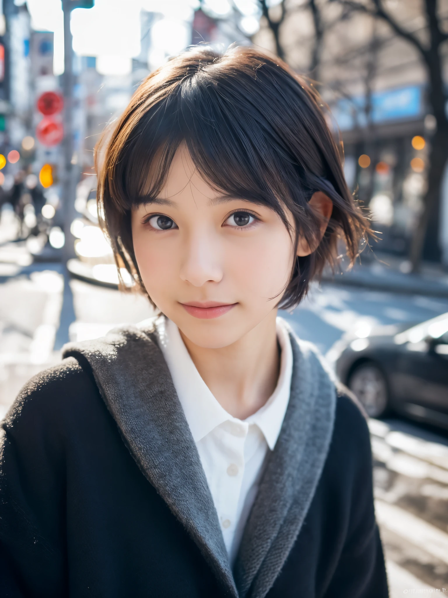 Photorealsitic, 8K, Full body portrait, Beautuful Women, A charming expression, Clear department, Shorthair, 18year old, TOKYOcty, Winters, Shibuya in the background