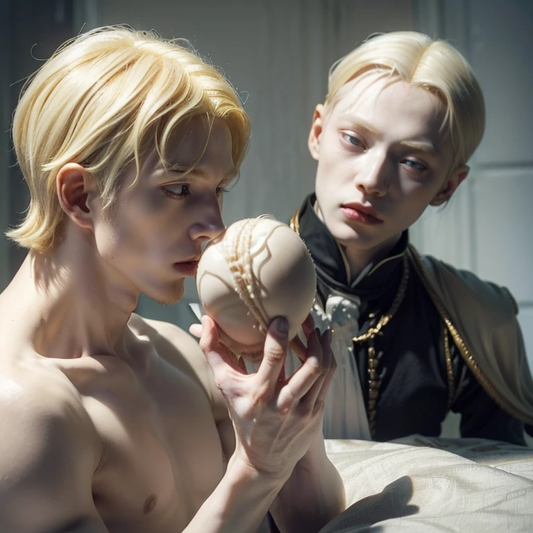 (masterpiece, best quality, 4k, photo:1.35), (good blonde Prince Ivan wants to kill depraved homosexual ageless immortal tall slender androgynous albino king Koschei, but there are two secrets: Ivan is a son of Koschei and Koschei's death is in his testicles:1.5)