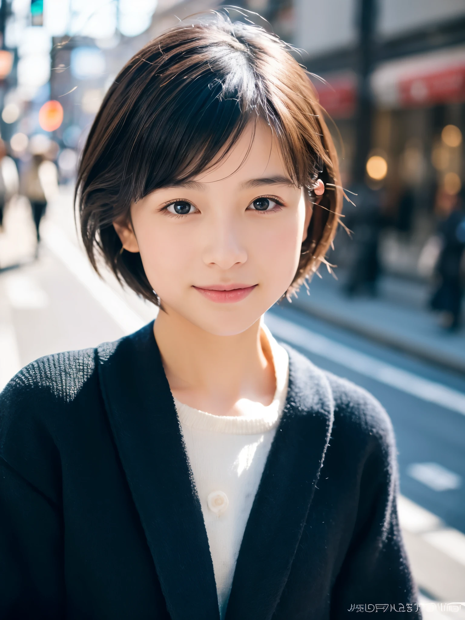 Photorealsitic, 8K, Full body portrait, Beautuful Women, A charming expression, Clear department, Shorthair, 18year old, TOKYOcty, Winters, Shibuya in the background