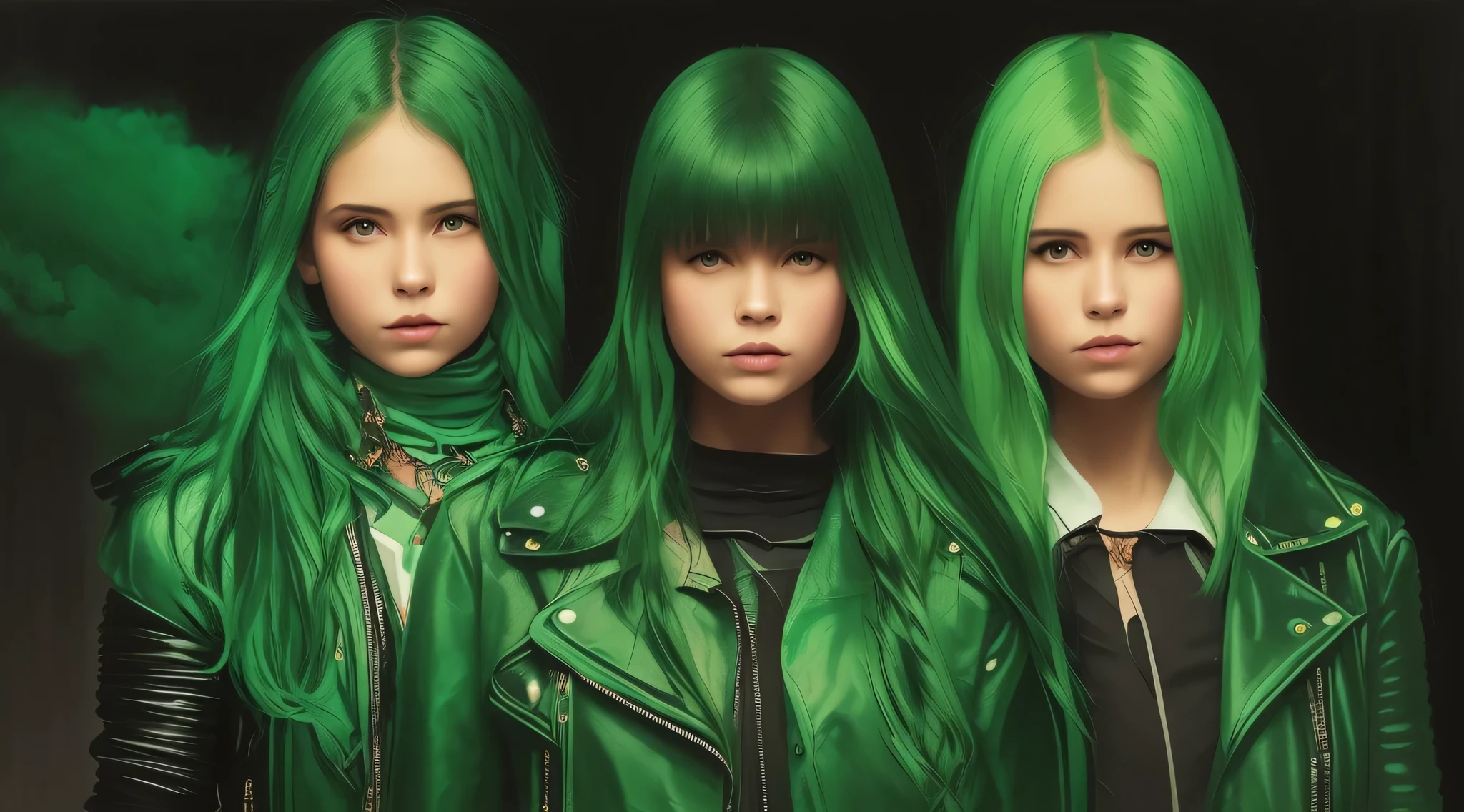 three girls with green hair and black leather jackets posing for a photo, cores verdes, Perfect Android girl family, vestindo roupas verdes, cores verdes, roupas verdes, pele verde!, pele de cor verde!!, brilho verde, pele de cor verde, roupas verdes, pele verde, Magia Verde, em estilo de pintura digital, tonalidade verde, meninas jovens, neon verde, pintura digital brilhante