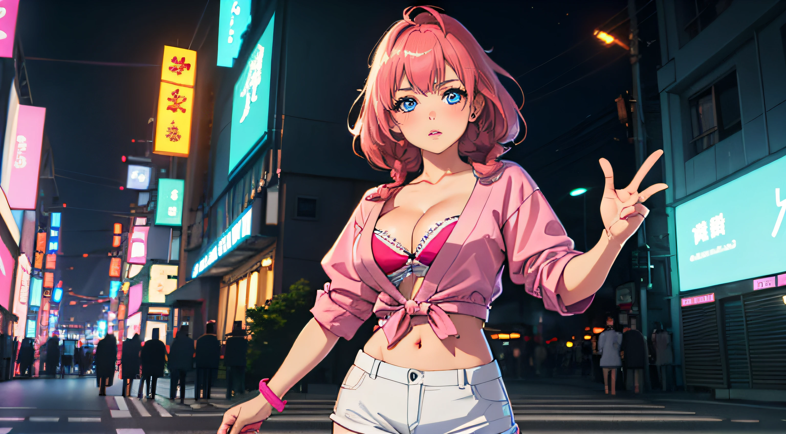 1girl, ((adorable,beautiful)), japan girl, perfect body, blush, Braided Half-Up Princess Hairstyle, red hair,
fit white shirt, cleavage, short pants, shine lips,((detailed eyes)), perfect body, thighs,
posing in front of neon buildings, ((pink neon signs, neon buildings background)), Tokyo, Artgerm, cyberpunk style, retrowave,
((realistic)), soft lighting, night, 8k, (masterpiece, best quality:1.5), ultra detailed, depth of field, looking at viewer, ((cowboy shot)), dramatic, (((bokeh))),