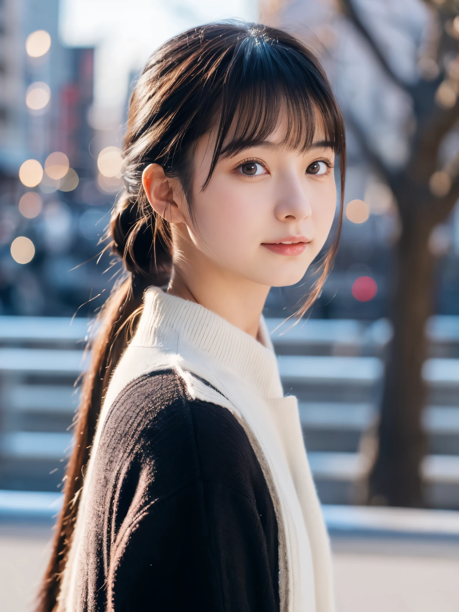 Photorealsitic, 8k full-length portraits, Beautuful Women, A charming expression, Clear department, poneyTail, 18year old, TOKYOcty, Winters, Shibuya in the background
