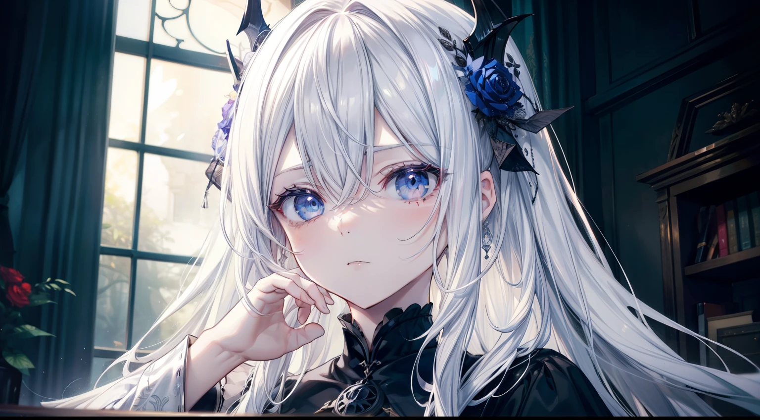 (masutepiece, Best Quality), Intricate details, 8K, Sharp focus quality) (Detailed skin:1.3) (Intricate details) (8K) (Detailed eyes) (Anime) Man's character, Soft hair, Long hair, White hair, Light blue eyes, Man's, Anime Man's, frontage, 素敵なMan's子, Perfect face, Detailed eyes, Bold background, Detailed accessories, Unique costumes, Sharp eyes, Man's, A young man, Idol, dark color, pale skin, Vampire, tusk, Defined features, Model, Gothic, Symbolism, Comfortable clothing, Dark room, Cluttered room, Indoors, Detailed background, Bold colors, bold outline, Sharp face, Nighttime, Night, Pose, Handsome, sleepy, Tired, drooing eyes