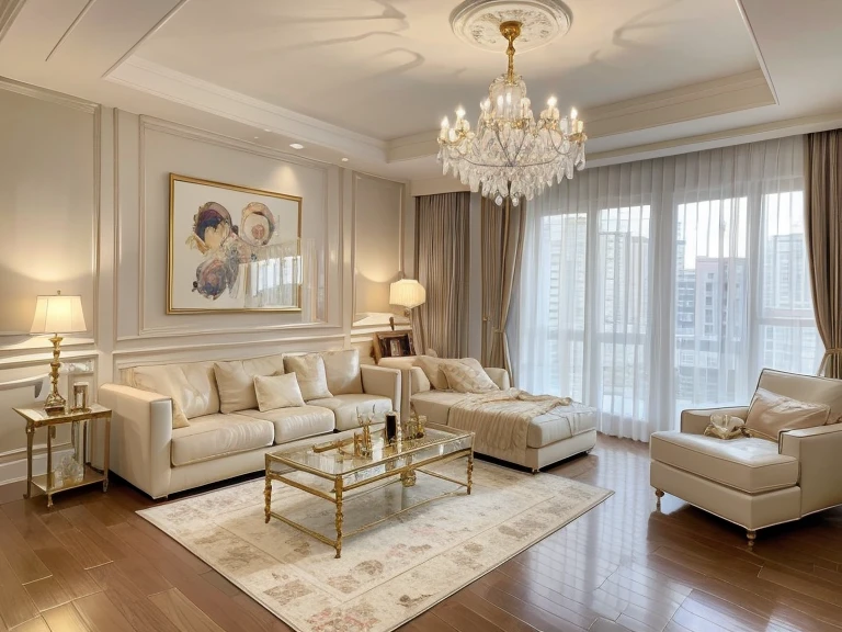 ，Masterpiece, Best quality，8K, 超高分辨率，Step into the luxurious living room，It's like entering an art hall。Floor-to-ceiling windows allow sunlight to flood the space，It's heartwarming。The gorgeous crystal chandelier shimmers with colorful light，Complements the beige sofa。Precious works of art are displayed on gold-rimmed tables，On the walls hang paintings by famous artists，Thought-provoking。The music control  is at your fingertips，In this warm and elegant space，Enjoy the thrill of music。