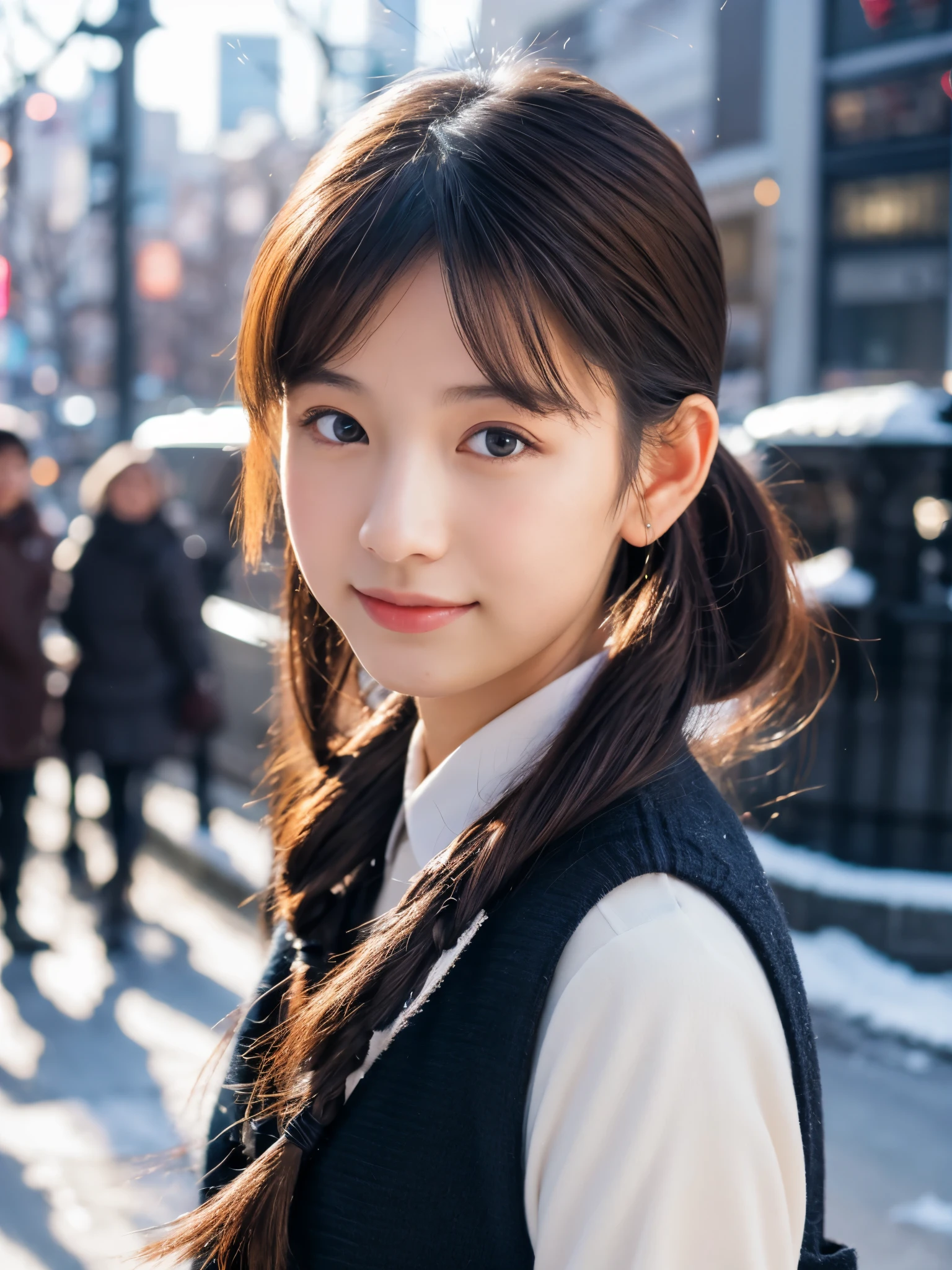 Photorealsitic, 8k full-length portraits, Beautuful Women, A charming expression, Clear department, poneyTail, 18year old, TOKYOcty, Winters, Shibuya in the background