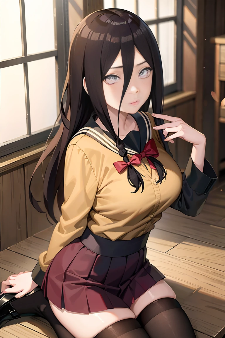 tmasterpiece， hoang lap ， （Complicated details）， （rich colourful）， 电影灯光， the Extremely Detailed CG Unity 8K Wallpapers ， Hinata flower proportions， 1girll， 独奏，（at class room，Kneel on the desk，Wear an unbuttoned school uniform，Long black stockings，is shy，Bigboobs， Low hair tied long），perspire，