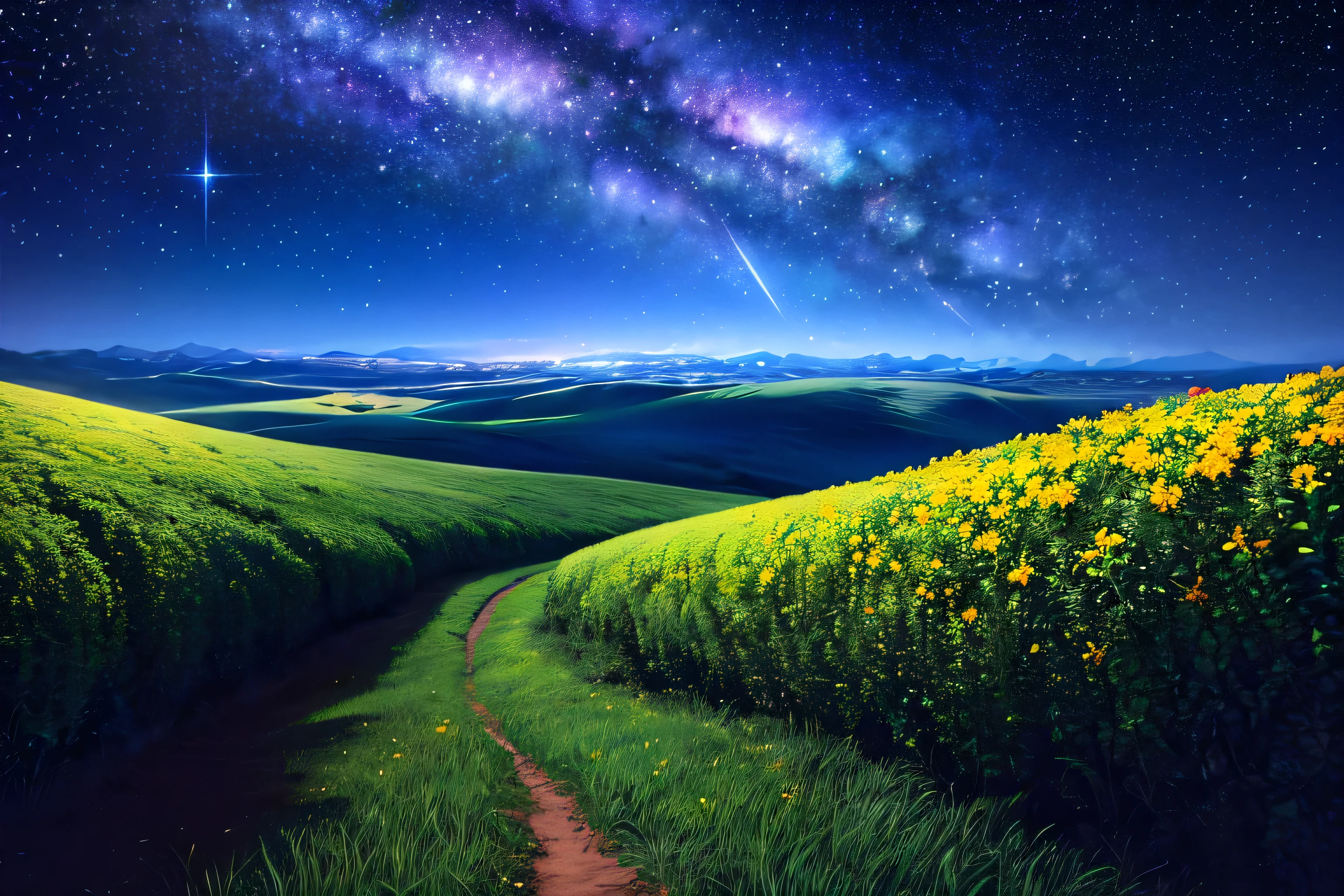 Crea un fondo de pantalla estilo Windows XP en blanco y negro, a world full of magical bushes and starry sky at night.