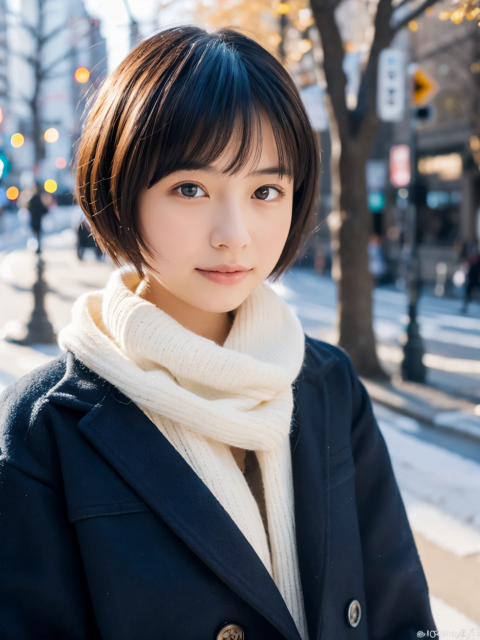 Photorealsitic, 8K, Full body portrait, Beautuful Women, A charming expression, Clear department, Shorthair, 18year old, TOKYOcty, Winters, Shibuya in the background