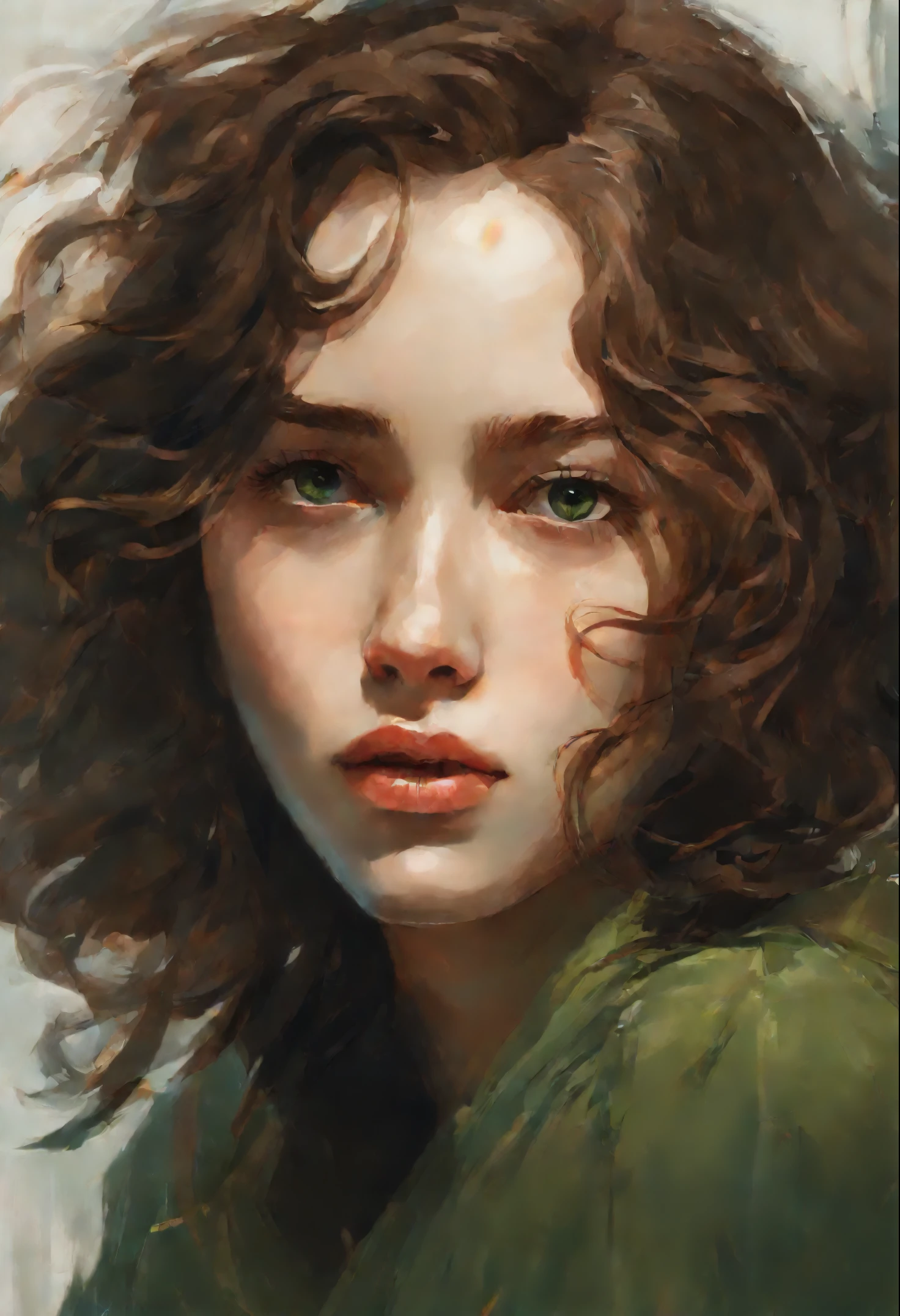 portraite of a, young russian woman, Knee-length brown curls, green colored eyes, Her thin straight eyebrows came together into a thread...., dark circles appeared under the eyes. Makoto Shinkai and (Cain'Plague), sakimichan and makoto shinkai, guweiz, kissing together, artwork in the style of guweiz