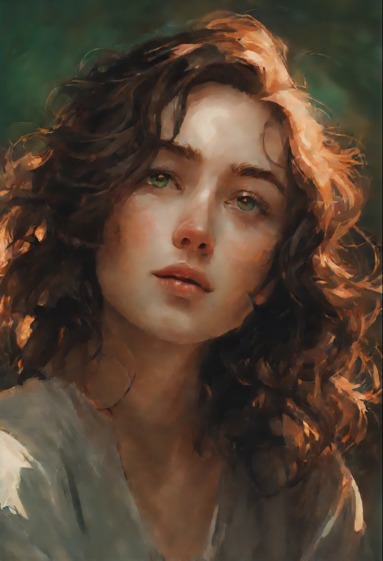 portraite of a, young russian woman, Knee-length brown curls, green colored eyes, Her thin straight eyebrows came together into a thread...., dark circles appeared under the eyes. Makoto Shinkai and (Cain'Plague), sakimichan and makoto shinkai, guweiz, kissing together, artwork in the style of guweiz