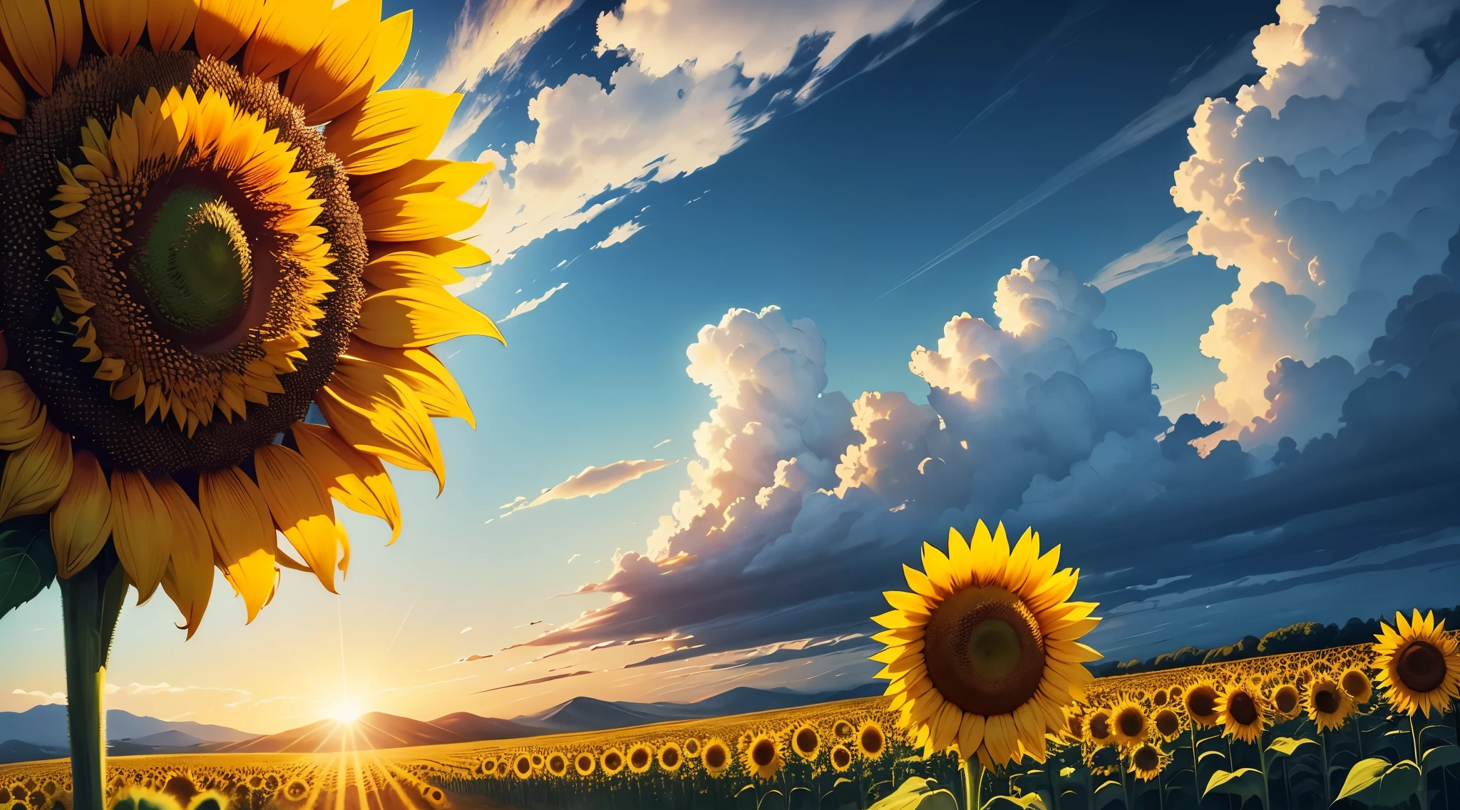 Sunflower close up , incident sunlight, blue sky, sunflowers fields, illustration, beautiful landscape, sharp focus, digital art, abstract art, mdjrny-v4 style,  ocean
