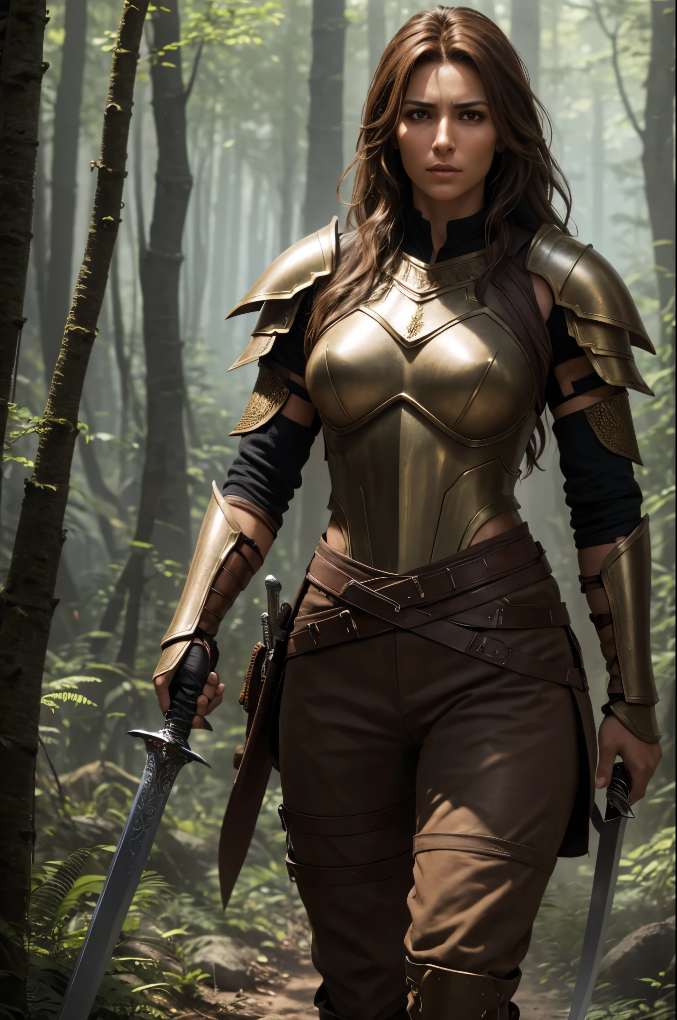 8K,Photorealistic, 8K,1 Arahed is a woman wearing brown armor.,A woman with a real macho and fearless face.,brown mohawk hair,brown pants and protectors,超A high resolution,A hyper-realistic,real looking skin,carry a long and large sword,In the dense forest,