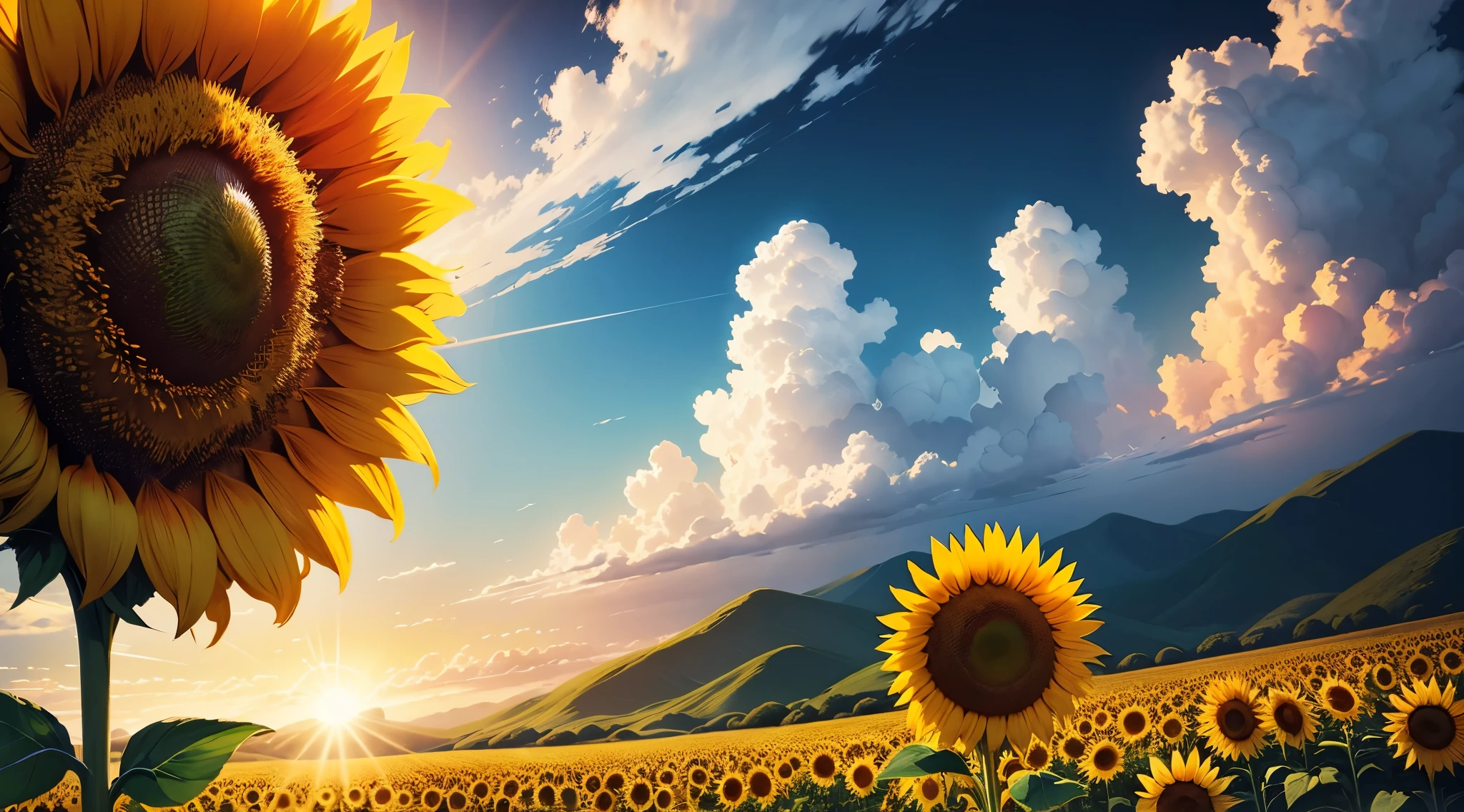 Sunflower close up , incident sunlight, blue sky, sunflowers fields, illustration, beautiful landscape, sharp focus, digital art, abstract art, mdjrny-v4 style, ocean