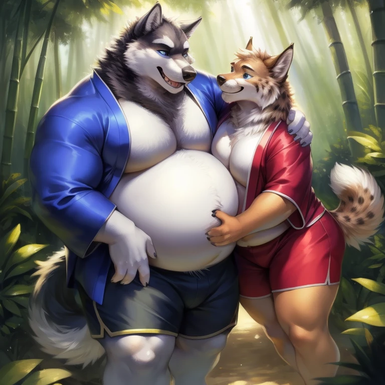 Masterpiece, official art, furry, male, fat male wolf, anthropomorphic wolf, delicate face, delicate eyes, azure eyes, white shirt, depth of field, perfect lighting, (best quality), (masterpiece), (ultra-detail), sharp focus, light particles, shorts, masterpiece, best quality, from high angle, obese man, fat man (wolf), male, (wolf), middle aged, white fur body, fat belly, big belly, round belly, white belly fur, obese, obese belly, massive body, bamboo forest, looking at the viewer, majestic, confident, coniferous forest, outdoors, dynamic angle, depth of field, delicate canine teeth, correct anatomy, right hands, hd, dim, dark, dark shadow, light and dark, cinematic, Wide Dynamic Range, HDR, Low Light: 1.2, by Pino Daeni, (Ruaidri), by Virtyalfobo, BREAK, female, lynx daughter, boobs, breats, standing, slim, little, slim body, sexy, detailed five fingers, five fangs, detailed paws, blue eyes, thick eyebrows ( kimono ) dinamic pose, looking, misterious smile, father and daughter walking on beach, cuddling, smiling to each other, looking at each other, cuddling, hugging belly, spicies difference, size difference, extreme size difference, extreme sizeplay, height difference, physical difference.