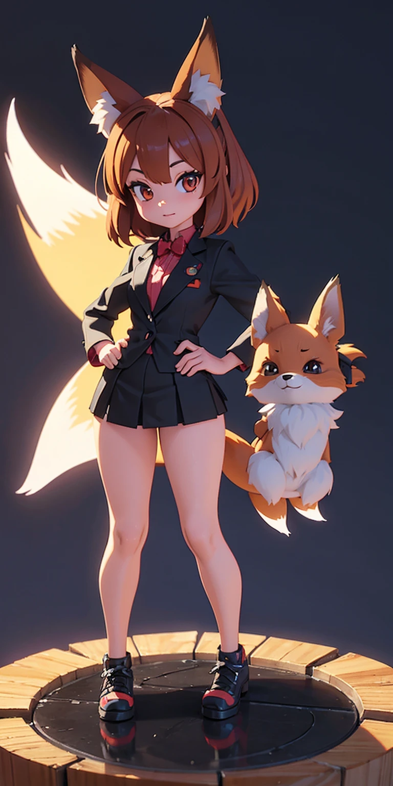 SFW, Female Full body standing straight symmetrical, looking to the viewer, hands on hips, peace sign, cartoon illustration of a furry little fox sitting on a dark surface, cute detailed digital art, cute 3 d render, adorable digital painting, cute digital art, isometric 3d fantasy cute dog, fox from league of legends chibi, cute fox, 3 d render stylized, stylized 3d render, blender eevee render, stylized as a 3d render