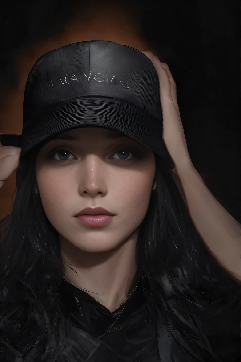 arafed femme portant un chapeau noir et une chemise noire, Photo officielle du produit, casquette noire, with a rap cap on his head, chapeau noir, Photo de profil, Dark visor covering the upper face, plein visage, Portant une casquette de baseball à l'envers, par Emma Andijewska, with a black casquette on the neck, Photo of a model, dark visor covering the face, avec chapeau
