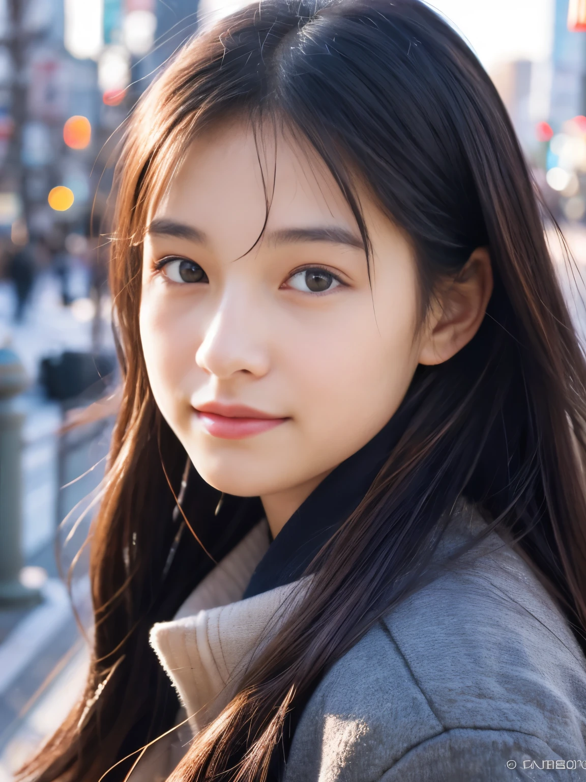 Photorealsitic, 8k full-length portraits, Beautuful Women, A charming expression, Clear department, 18year old, TOKYOcty, Winters, Shibuya in the background
