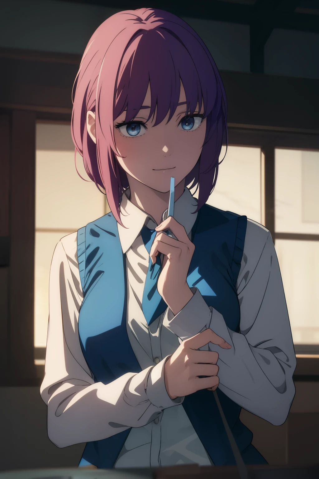 (((medium hair))), best quality, 8K, HDR, highres, absurdres:1.2, blurry background, bokeh:1.2, Photography, (RAW photo:1.2), (masterpiece:1.3), (intricate details:1.2), 1girl, solo, japanese girl, delicate, beautiful detailed, (detailed eyes), (detailed facial features), petite, (((small breasts))), skin tight, (looking_at_viewer), from_front, (skinny), (best quality:1.4), (ultra highres:1.2), cinema light, (extreme detailed illustration), (lipgloss, best quality, ultra highres, depth of field, caustics, Broad lighting, natural shading, 85mm, f/1.4, ISO 200, 1/160s:0.75),1girl, solo, (((blue vest))) smile, school uniform, necklace,