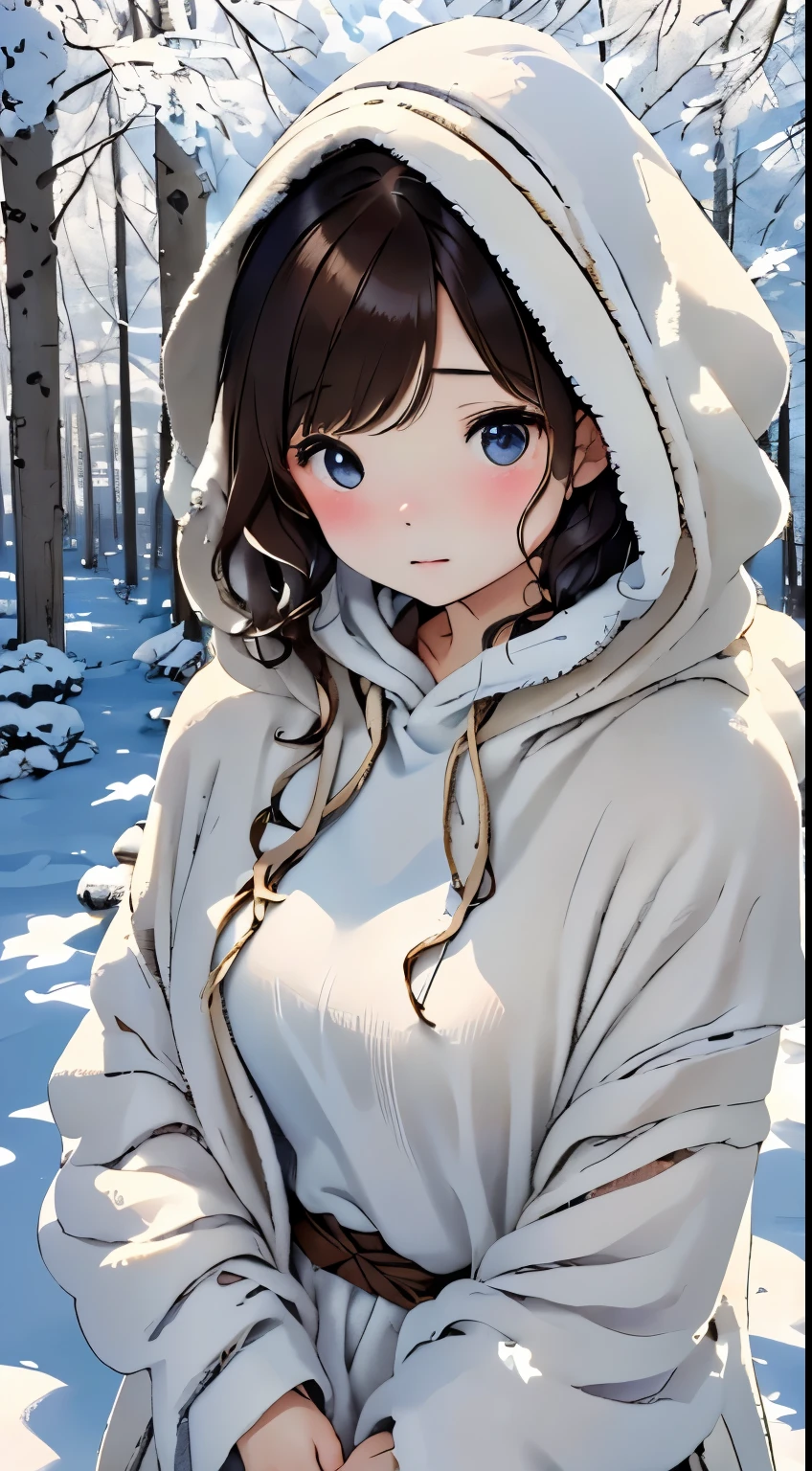 Winters、rhyme、Yuki、kou、Frozen World、a white world、One lady、33yo、Bewitching good looks、eroticism、parfect anatomy、Correct human body、Brown hair、Layered Haircut、short wavy hair、Woman with cute face、Perfect good looks、Natural color poncho style hoodie、Wearing a hood、Silence、white walls、rhyme、a white world、Simplified background、natural soft light、raw、Photorealsitic、top-quality、Real Stick、hiquality、high-level image quality、Random Poses