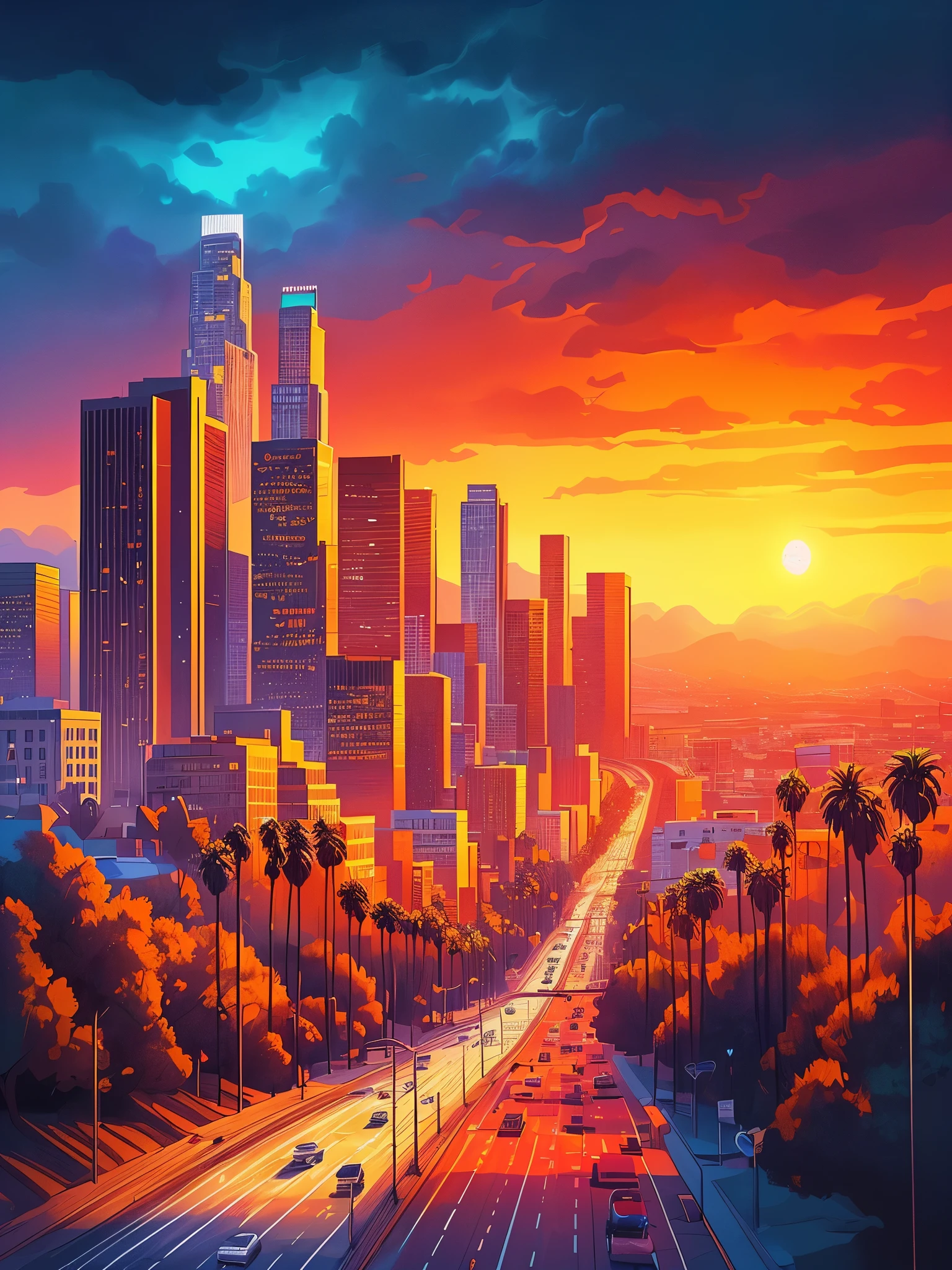 Draw cartoon anime art scene of Los Angeles United States during sunset, controlled dim light, beautiful cloudy sky, vibrant colors, masterpiece, peaceful scene, no one, no cars,
