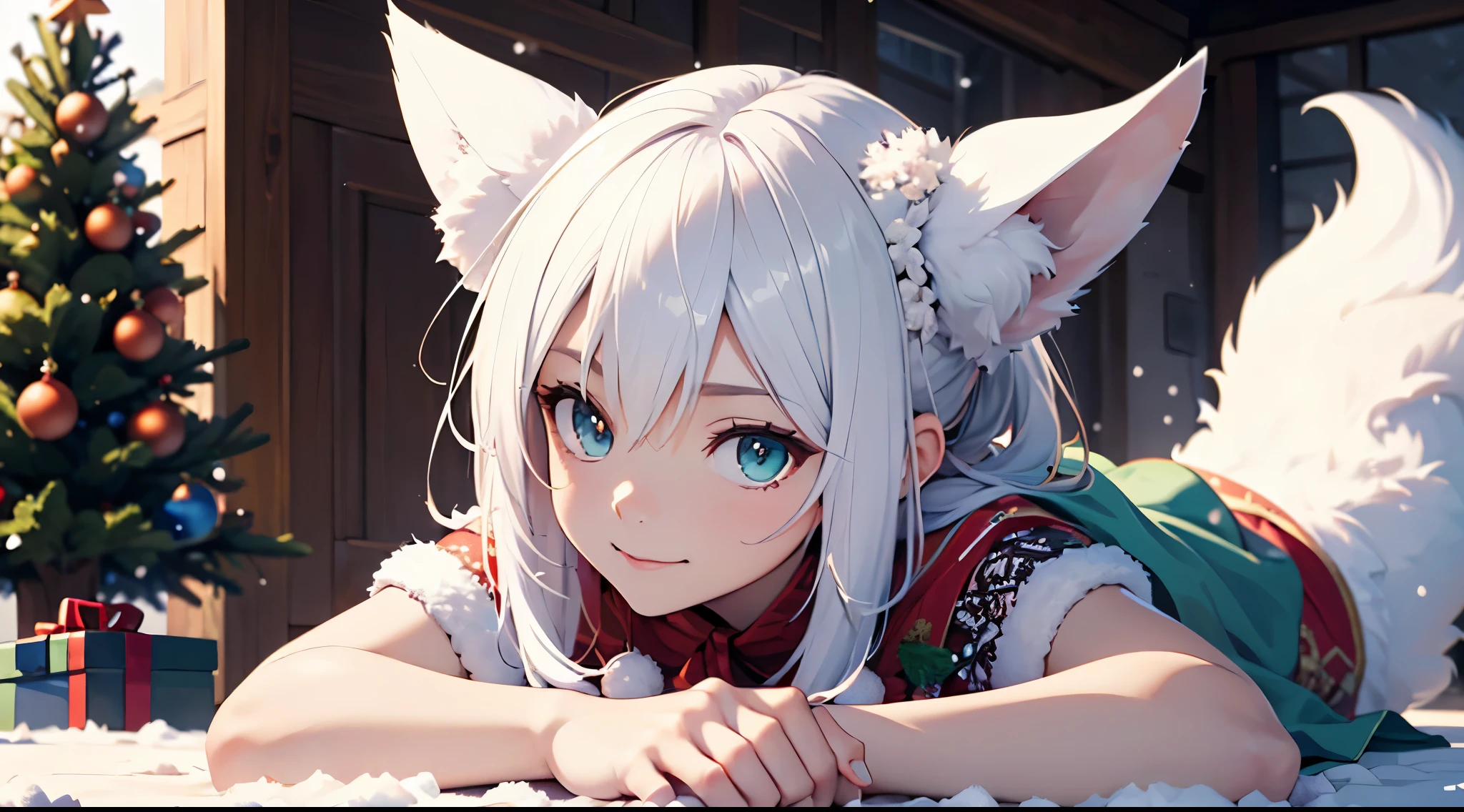 (snowing, Winter season, Christmas tree, Christmastide:1.3), full bodyesbian, Masterpiece, (bend at the waist, The best quality at its best, official arts, very detailed CG 8k wallpaper, (Flying petal)(Detailed ), Crystalline skin texture, Grim expression, (Fox ear), white colored hair, long white colored hair, messy  hair, Cyan eyes, Average Breasts,, looking a viewer, Hands are truly optimized, The foot is really and intelligently optimised, extremely fine and beautiful, hight resolution, (Lace Underwear, Silky), Exposure of the navel, Пижама из слинга из черного шChristmas tree, Leg Choke Rings, Close-up on feet, Unilateral ponytail with very long white colored hair, Smile, flushed face, lie down, Large resolution, closeup of hand, The lines are clear and realistic, The photo is realistic, Best Quality, Masterpiece, Extremely refined and beautiful, Finest Detail, CG 8K, Amazing neckline, Finely detailed, Masterpiece, The best quality at its best, extremely detailed CG unity 8k wallpaper,