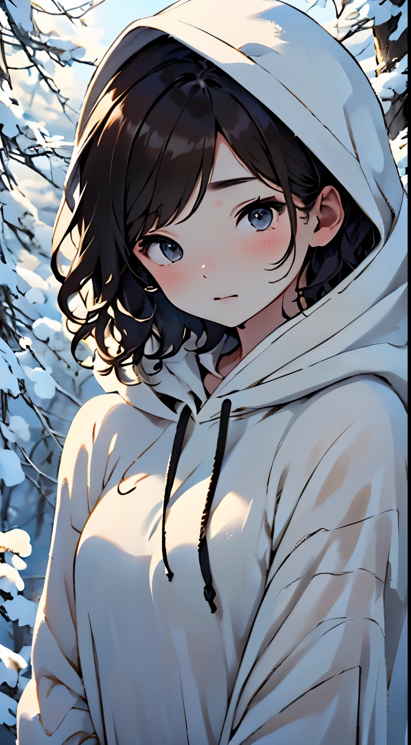 Winters、rhyme、Yuki、kou、Frozen World、a white world、One lady、33yo、Bewitching good looks、eroticism、parfect anatomy、Correct human body、Brown hair、Layered Haircut、short wavy hair、Woman with cute face、Perfect good looks、Natural color poncho style hoodie、Wearing a hood、Silence、white walls、rhyme、a white world、Simplified background、natural soft light、raw、Photorealsitic、top-quality、Real Stick、hiquality、high-level image quality、Random Poses