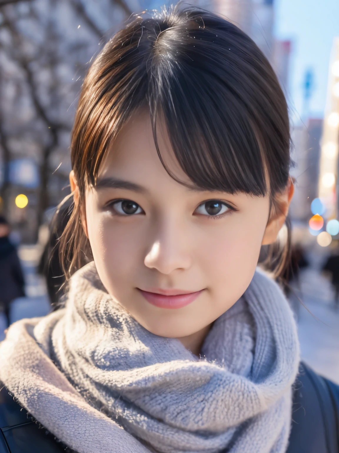 Photorealsitic, 8k full-length portraits, Beautuful Women, A charming expression, Clear department, 18year old, TOKYOcty, Winters, Shibuya in the background