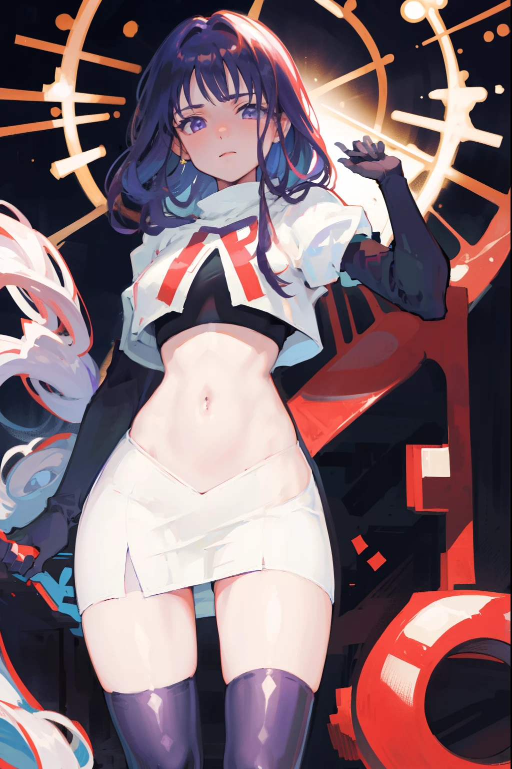 (Highest quality,Masterpiece,8k),((Pale skin)),1girll,Solo Woman,((Genshin_impact,Raiden general)), Sexy beautiful anime girl,Raiden general, Mole under eye, Long purple hair, hair ornaments, rosy lips,Anime mouth, A sexy mature woman,Detailed eyeusty figure, team rocket,team rocket uniform, red letter R, white skirt,white crop top,black thigh-highs,black elbow gloves,