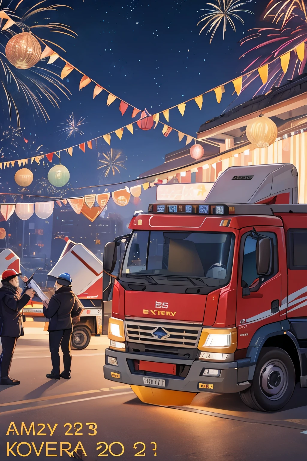 a New Year's Eve art for the year 2024, Happy 2024, with several concrete mixer trucks, New Year's Eve theme , betoneira