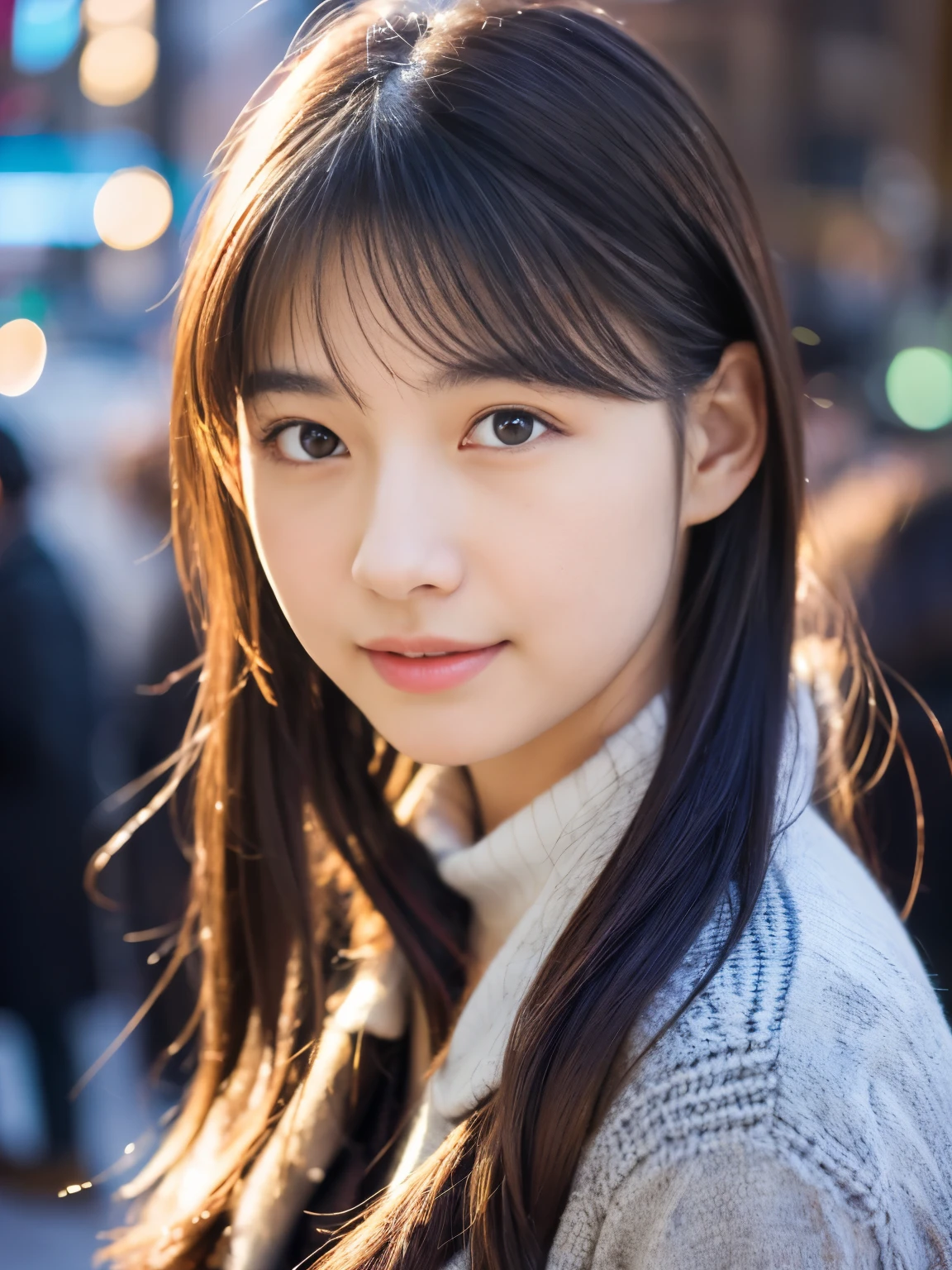 Photorealsitic, 8k full-length portraits, Beautuful Women, A charming expression, Clear department, 18year old, TOKYOcty, Winters, Shibuya in the background