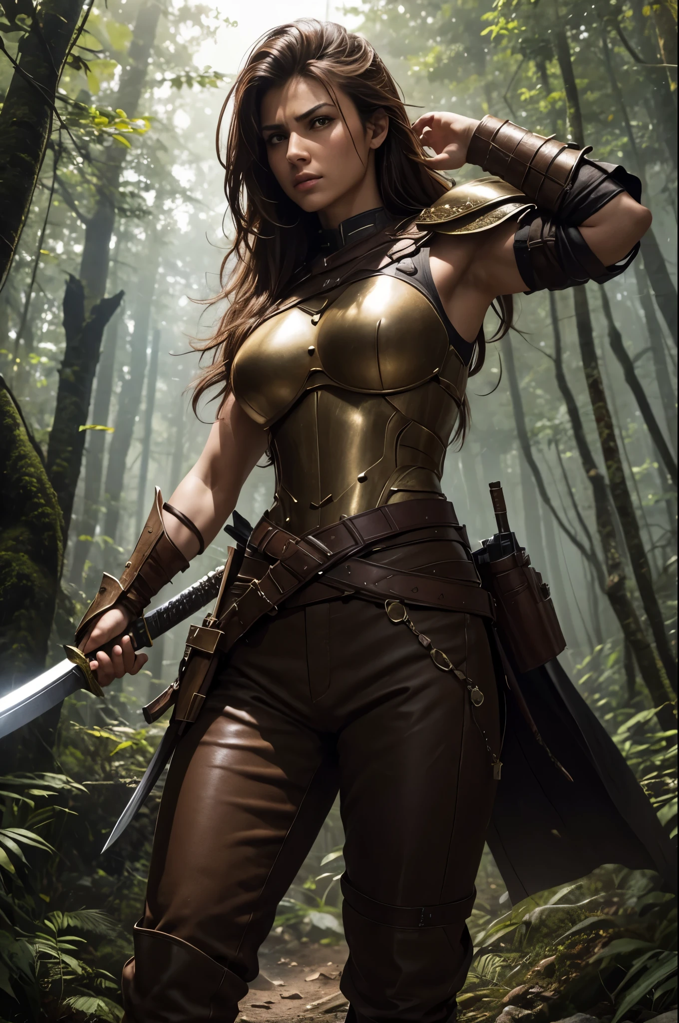 8K,Photorealistic, 8K,1 Arahed is a woman wearing brown armor.,A woman with a real macho and fearless face.,brown mohawk hair,brown pants and protectors,超A high resolution,A hyper-realistic,real looking skin,carry a long and large sword,In the dense forest,combat scene,action scene,actionpose,Tense look,