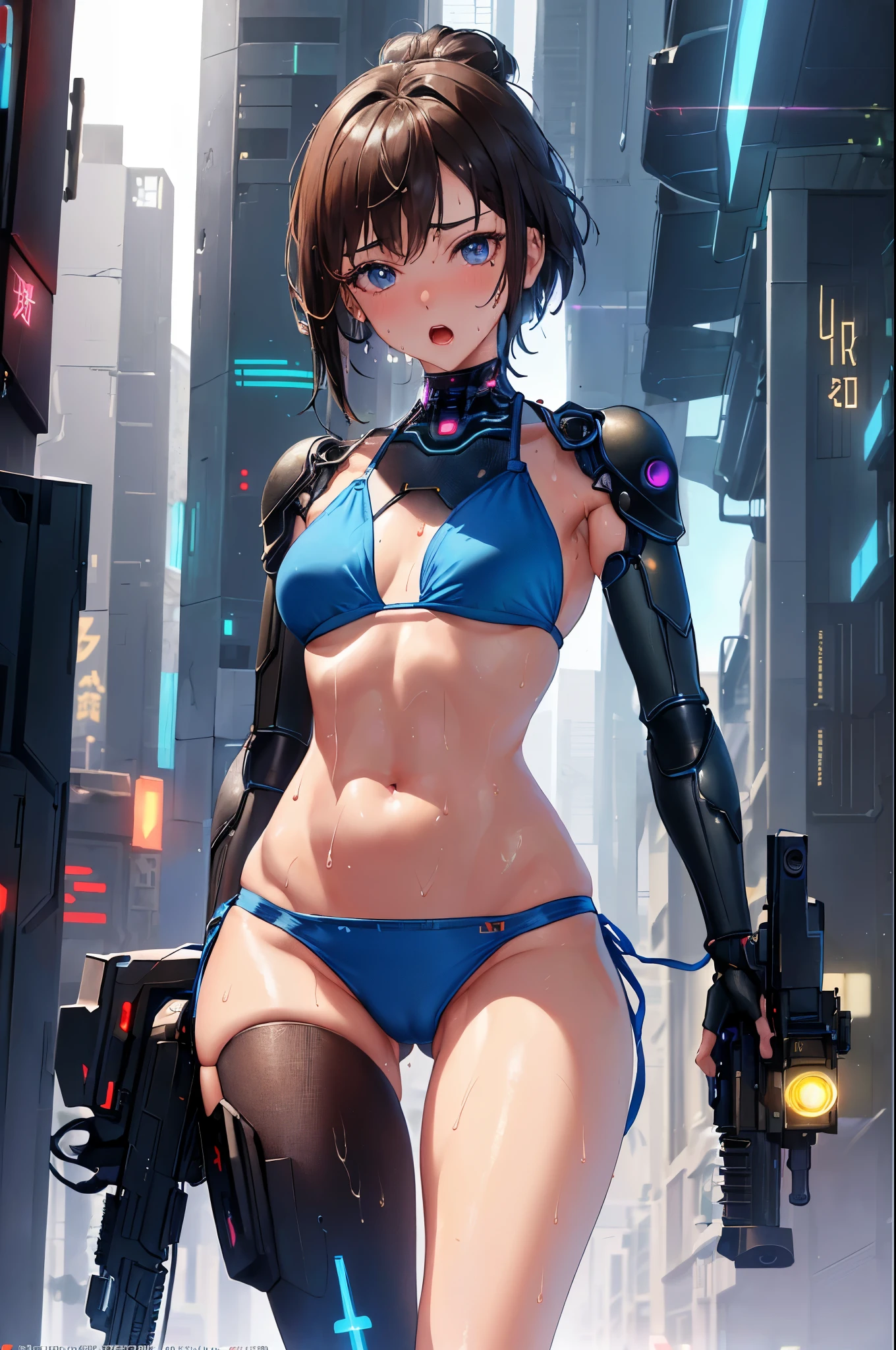 (masterpiece Best Quality, absurderes, Perfect Anatomy, Unity 8k Wallpapers,best cell anime), Detailed beautiful face and eyes,cowboy shot,(focus 1woman,solo:1.2),18-year-old beauty、short cut hair,dark brown hair,blue eyes,(o shy expression:1.3,Open your mouth small),((smaller head:1.5,skinny:1.6,medium breasts)),(futuristic gun、Sexy Bikini:1.3,sweat:1.4),(in fighting、karo、cyber punk:1.4), In the street、big city、