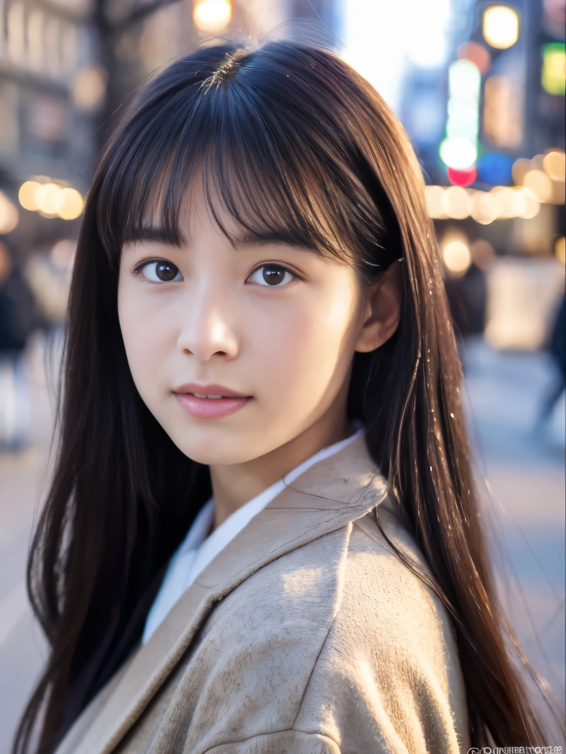Photorealsitic, 8k full-length portraits, Beautuful Women, A charming expression, Clear department,  18year old, TOKYOcty, Winters, Shibuya in the background
