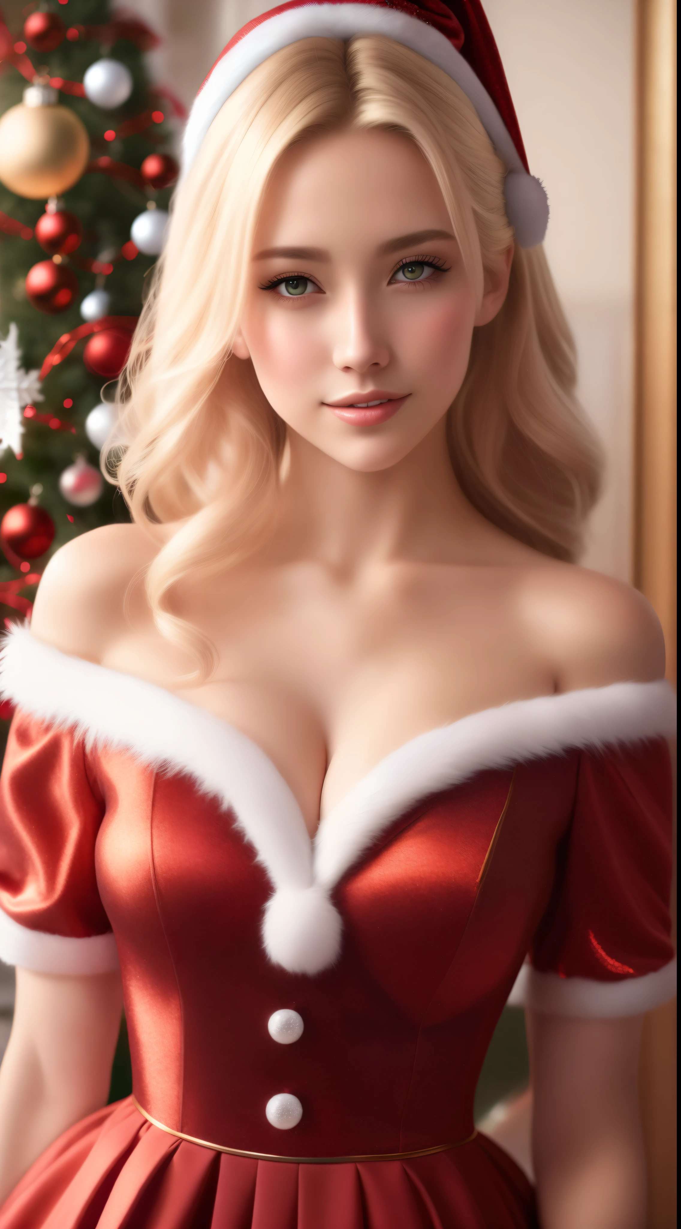 Best quality,masterpiece,ultra high res,(photorealistic:1.4),anime blonde girl, perfect body, perfect face, shoulder,charming,Looking at the camera, wearing Christmas dress