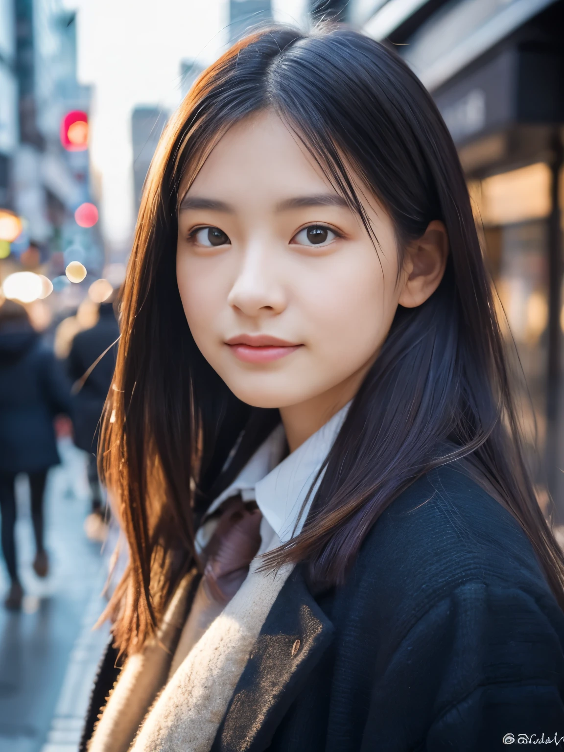 Photorealsitic, 8k full-length portraits, Beautuful Women, A charming expression, Clear department,  18year old, TOKYOcty, Winters, Shibuya in the background