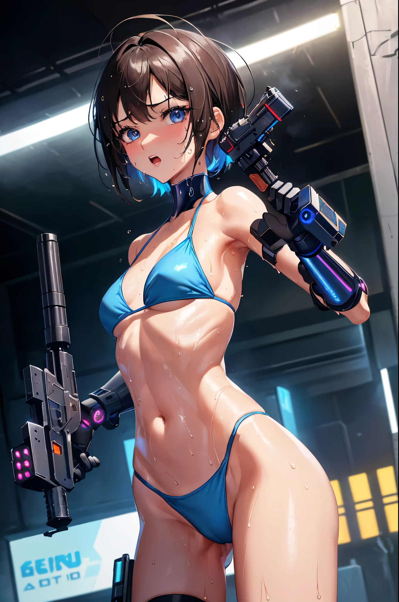 (masterpiece Best Quality, absurderes, Perfect Anatomy, Unity 8k Wallpapers,best cell anime), Detailed beautiful face and eyes,cowboy shot,(focus 1woman,solo:1.2),18-year-old beauty、short cut hair,dark brown hair,blue eyes,(Rough breath:1.3,Open your mouth small),((smaller head:1.5,skinny:1.6,medium breasts)),(futuristic gun、Sexy Bikini:1.3,sweat:1.4),(in fighting、karo、cyber punk:1.4), In the street、big city、