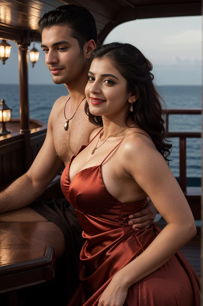night scene from side view, extreme close up photo of young muscular man grabbing vedhika from behind who is wearing a satin bridal nighty, big cheeks, woman is wearing satin nighty man is shirtless, hourglass figure, deep cleavage, romancing each other in a ship deck in sea, showing armpits, red lips, necklace, sultry, look at viewer and smile, (cinematic:1.3), intricate details, (ArtStation:1.2)