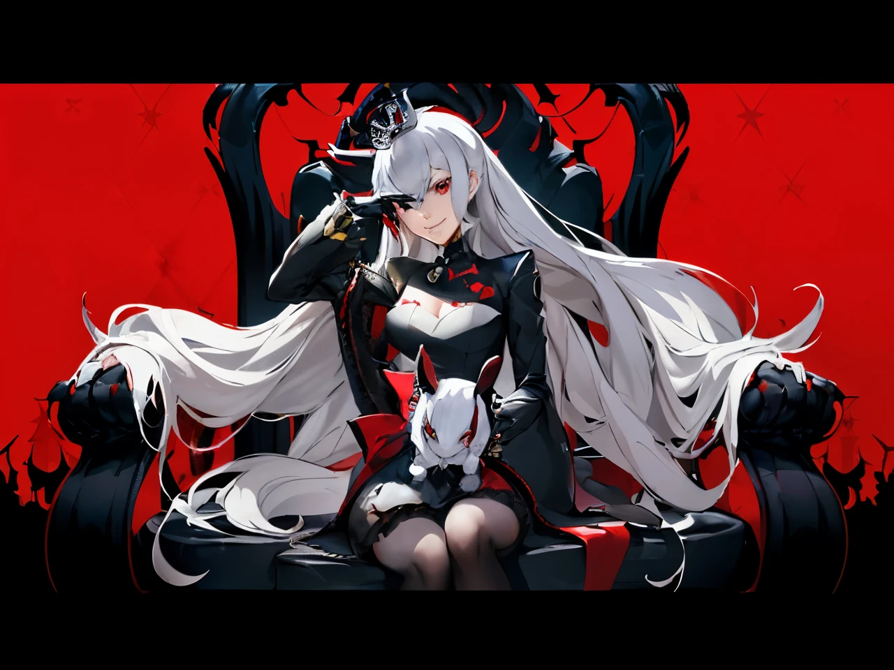 a close up of a person sitting on a chair, holding a crown, anime, persona 5 art style, very long white hairs, red eyes, long rabbit ears, anime, 4k, persona 5 phantom thief style, persona 5 inspired, advanced digital anime art, persona 5 art style, persona 5 style, show one's teeth, smile
