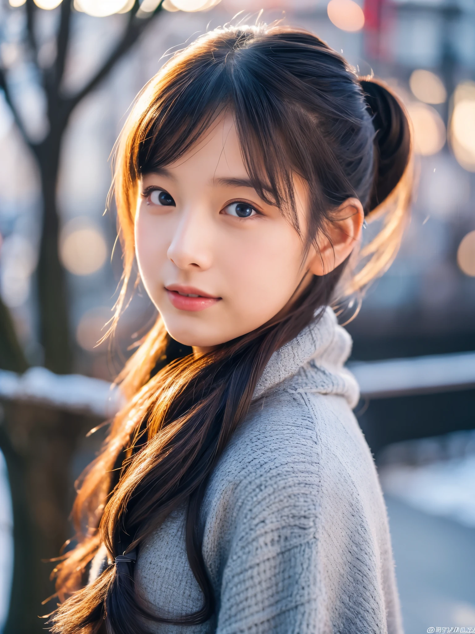 Photorealsitic, 8k full-length portraits, Beautuful Women, A charming expression, Clear department, poneyTail, sixteen years old, TOKYOcty, Winters, Shibuya in the background