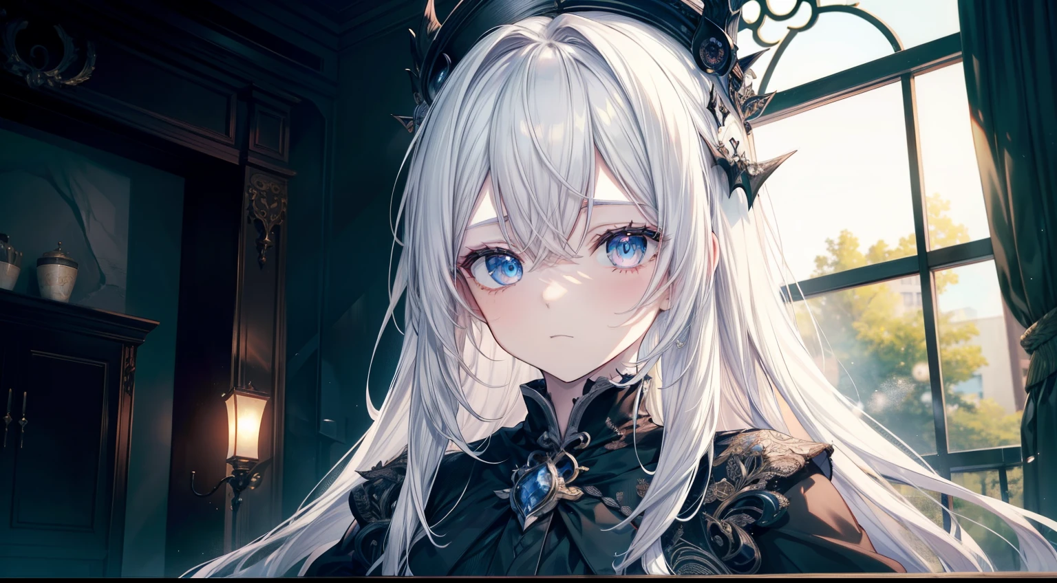 (masutepiece, Best Quality), Intricate details, 8K, Sharp focus quality) (Detailed skin:1.3) (Intricate details) (8K) (Detailed eyes) (Anime) Man's character, Soft hair, Long hair, White hair, Light blue eyes, Man's, Anime Man's, frontage, 素敵なMan's子, Perfect face, Detailed eyes, Bold background, Detailed accessories, Unique costumes, Sharp eyes, Man's, A young man, Idol, dark color, pale skin, Vampire, tusk, Defined features, Model, Gothic, Symbolism, Comfortable clothing, Dark room, Cluttered room, Indoors, Detailed background, Bold colors, bold outline, Sharp face, Nighttime, Night, Pose, Handsome, sleepy, Tired, drooing eyes