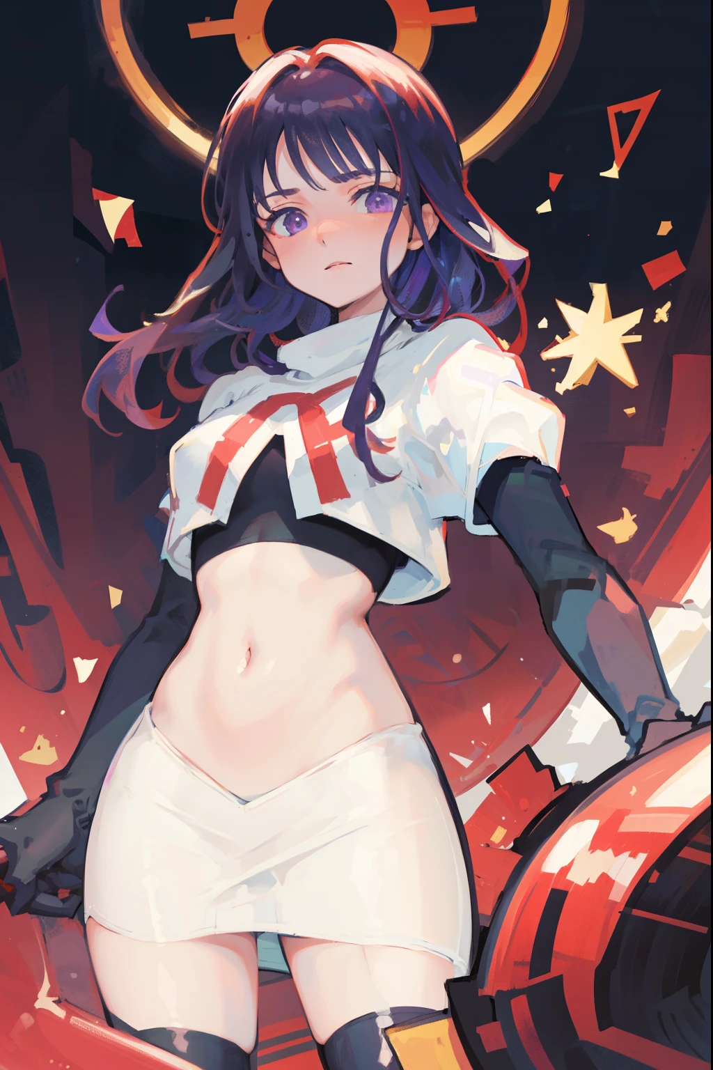 Realistic、1girl、black hair、(forehead:1.3),blue eyes、open stance,(ponytail),(eye focus:1.3,cowboy shot),(gradient eyes:1.3), JK: 1.1,(sailor uniform
)、(grin:1.3),cute face、,(tareme:1.3),(small breasts:1.3),(Colorful splash background of different colors1.3),