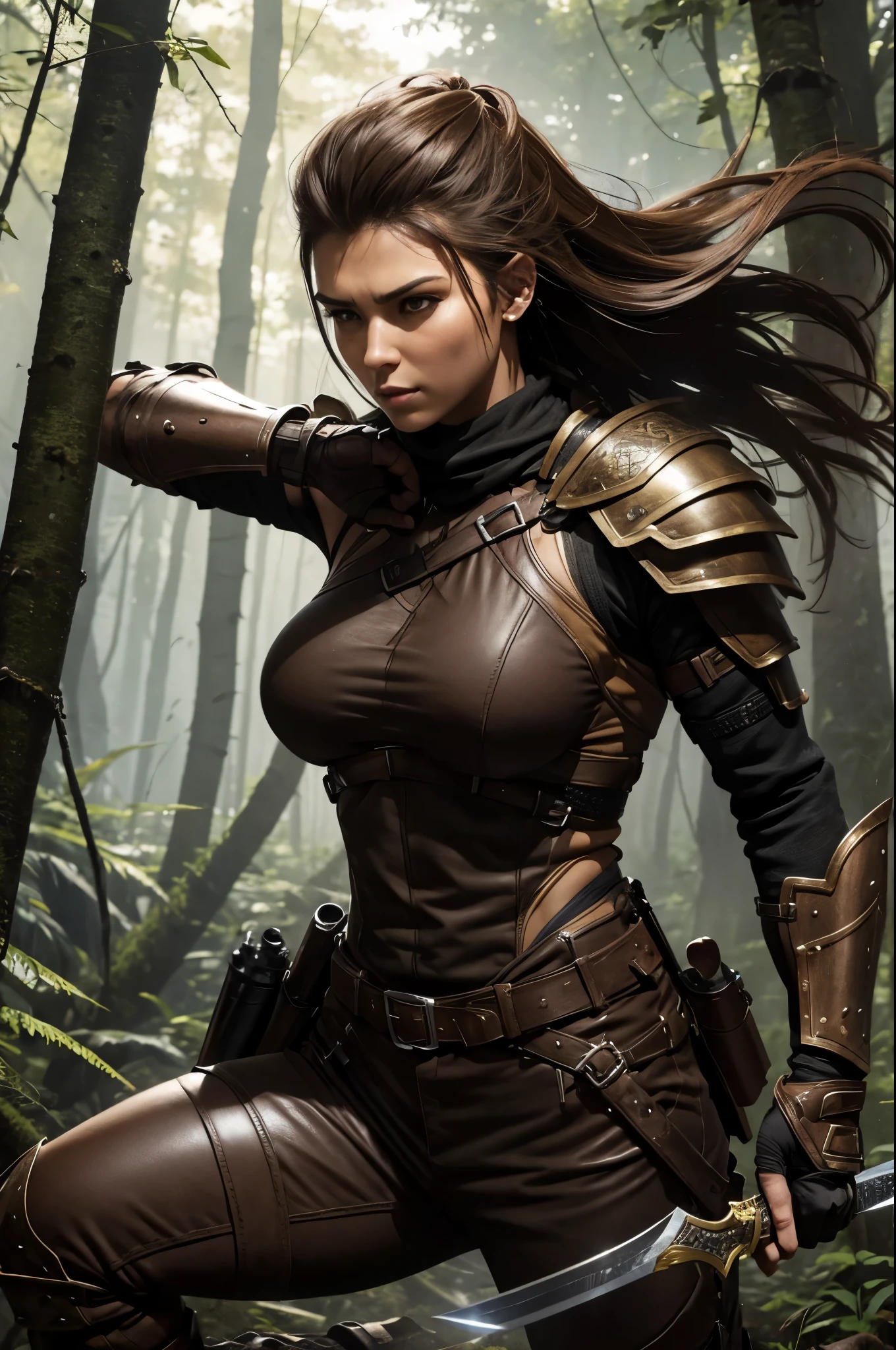 8K,Photorealistic, 8K,1 Arahed is a woman wearing brown and black armor.,A woman with a real macho and fearless face.,brown mohawk hair,brown pants and protectors,超A high resolution,A hyper-realistic,real looking skin,carry a long and large sword,In the dense forest,combat scene,action scene,actionpose,Tense look,large full breasts,