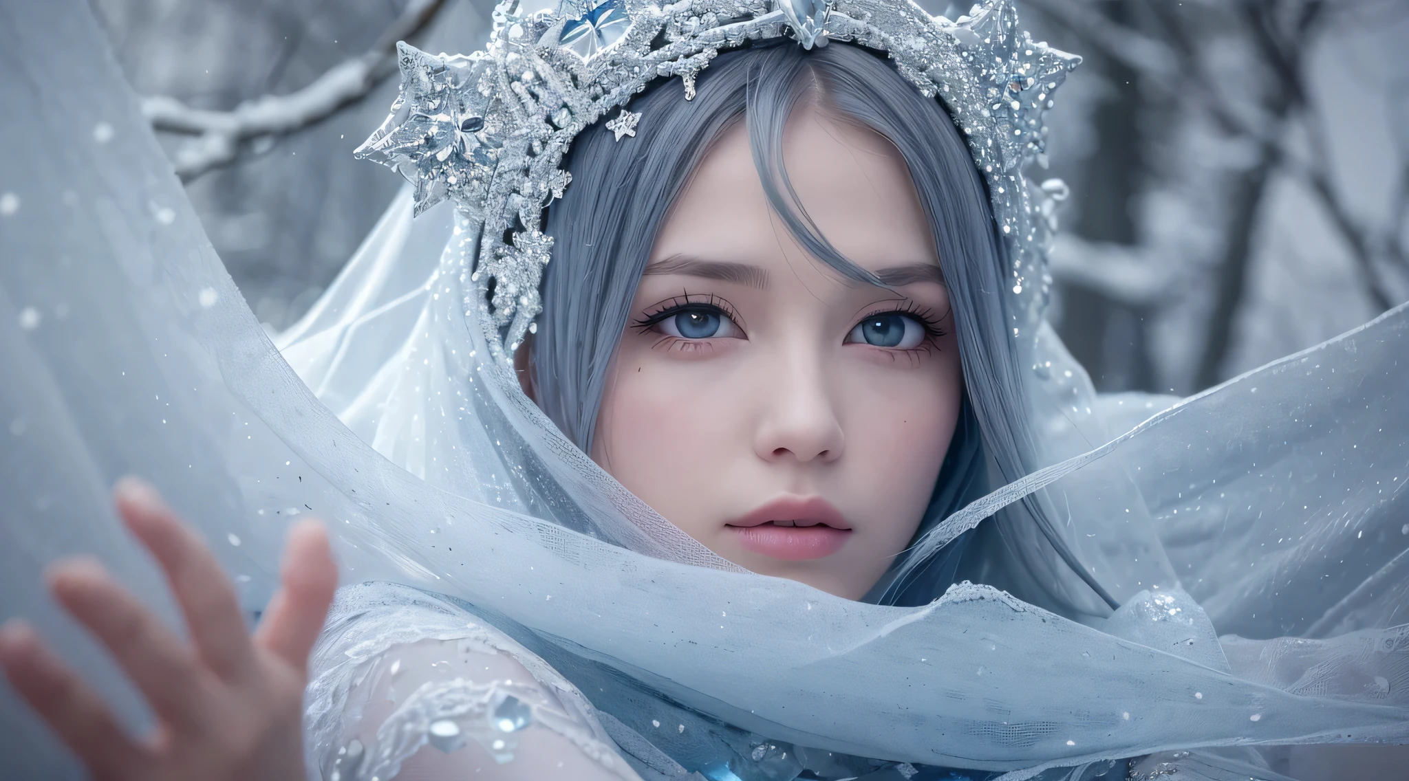 (melhor qualidade,4k,8k,Altas,master part:1.2),ultra-detalhado,(Realistic,photoRealistic,photo-Realistic:1.37), girl BLONDE CHILD ,azul gelado,flocos de neve cintilantes,paisagem congelada,vestido feito de cacos,Mystical aura,magic crystals reflecting light,sharp and penetrating gaze,eyelashes covered in ice,elegant and ethereal figure, crown on her head,delicate frost patterns on the skin,visible cold breath,rajadas de vento geladas rodopiando,shine in your hands,frozen branches reaching out,longos cabelos prateados brilhando como ,atmosfera estranha e assombrosa,fundo escuro e misterioso da floresta,moonlight casting an enchanting glow,Aurora Borealis dancing across the sky,seductive and powerful presence,Dicas sutis de magia antiga,beleza sobrenatural,magia glacial girando ao redor,Crystalline Palace,isolated and magical winter kingdom,rios e lagos congelados,icy crystals forming intricate patterns,capa encapuzada fluindo ao vento,movimentos elegantes e graciosos,picos gelados formando uma barreira protetora,passos cobertos de neve que levam ao desconhecido,Olhos azuis profundos brilhando com sabedoria e poder,persona arrepiante, mas hipnotizante.
