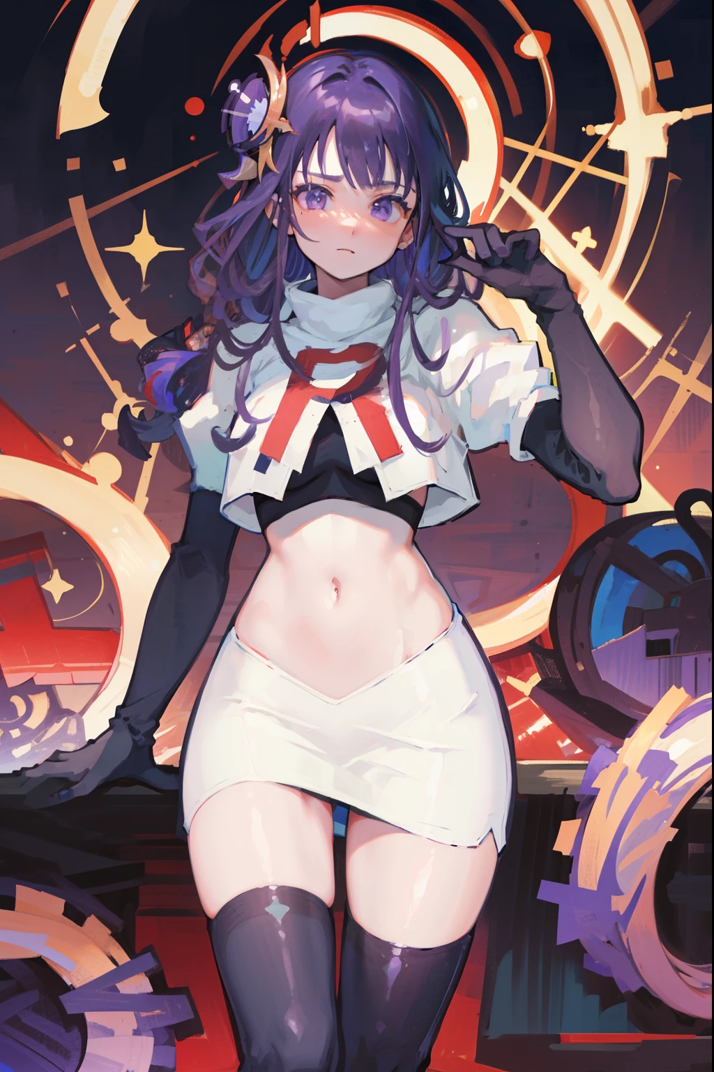 (Highest quality,Masterpiece,8k),((Pale skin)),1girll,Solo Woman,((Genshin_impact,Raiden general)), Sexy beautiful anime girl,Raiden general, Mole under eye, Long purple hair, hair ornaments, rosy lips,Anime mouth, A sexy mature woman,Detailed eyeusty figure, team rocket,team rocket uniform, red letter R, white skirt,white crop top,black thigh-highs,black elbow gloves,