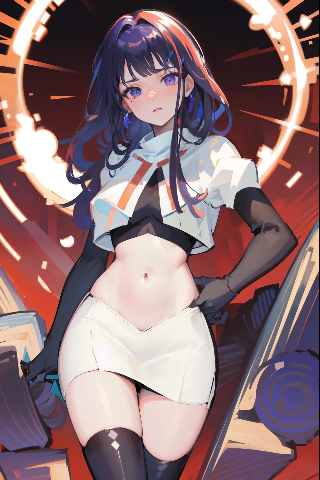 (Highest quality,Masterpiece,8k),((Pale skin)),1girll,Solo Woman,((Genshin_impact,Raiden general)), Sexy beautiful anime girl,Raiden general, Mole under eye, Long purple hair, hair ornaments, rosy lips,Anime mouth, A sexy mature woman,Detailed eyeusty figure, team rocket,team rocket uniform, red letter R, white skirt,white crop top,black thigh-highs,black elbow gloves,