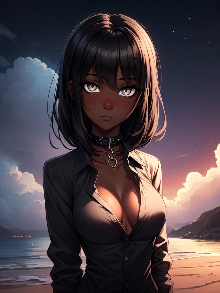 1 girl, (dark skin:1.2), shy, cute, cold expression, (8k, RAW photo, best quality, masterpiece:1.2) ultra-detailed, Super detailed, vivid colors, studio lighting, portrait, black coloured eyes, Night clouds background, Aesthetic, romantic, Luna, wearing goth collar, black hair, unbuttoned shirt revealing her chest
