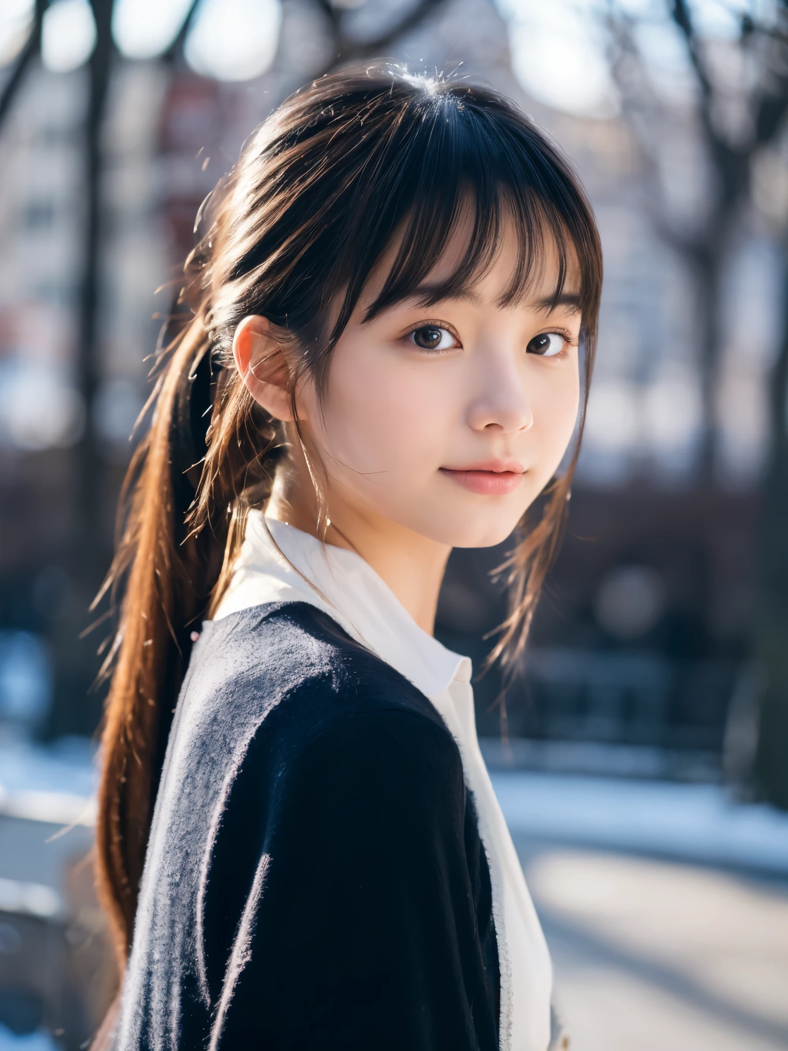 Photorealsitic, 8k full-length portraits, Beautuful Women, A charming expression, Clear department, poneyTail, , TOKYOcty, Winters, Shibuya in the background